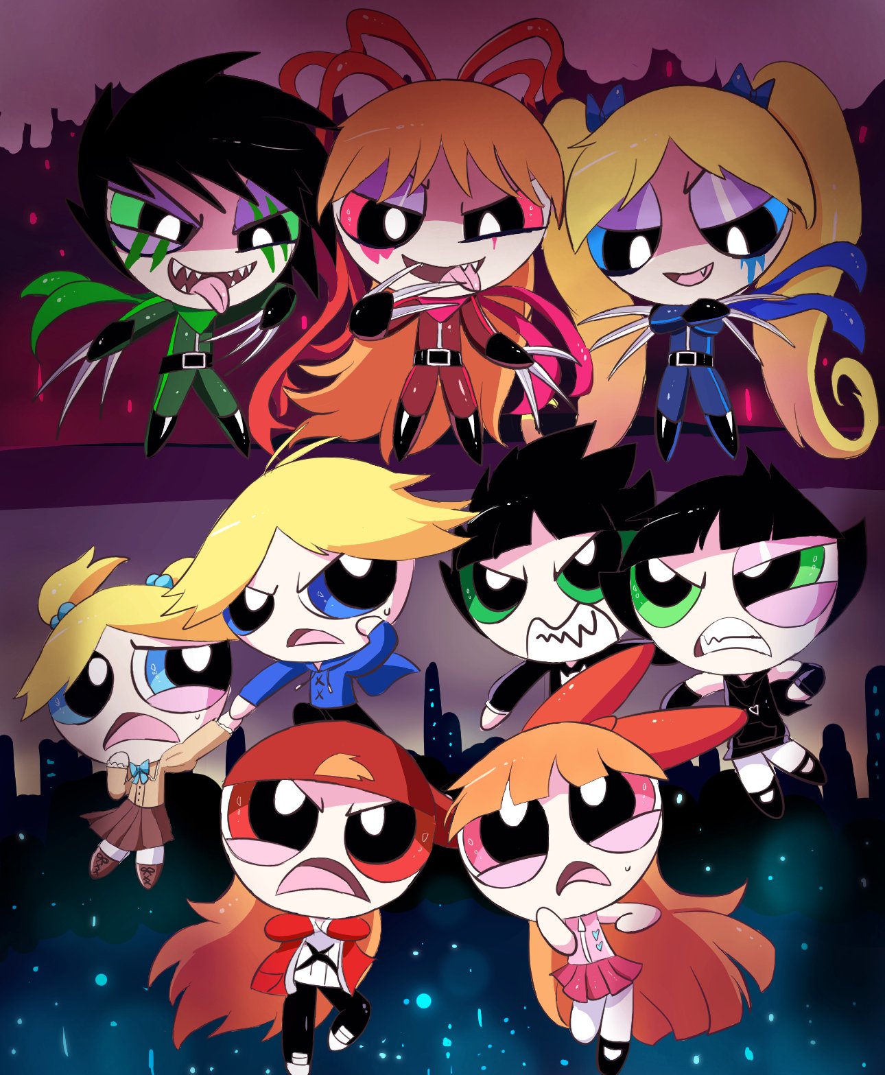 berserk (ppg), blossom (ppg), boomer (ppg), brat (ppg), brick (ppg), brute (ppg), bubbles (ppg), butch (ppg), buttercup (ppg), powerpuff girls, highres, 3boys, 6+girls, alternate costume, black hair, black jacket, blonde hair, blue bow, blue bowtie, blue eyes, blue sweater, bow, bowtie, cityscape, cowlick, fangs, green eyes, hat, jacket, kamonoh71376877, long hair, matching outfits, multiple boys, multiple girls, pink eyes, red bow, red eyes, red hair, red hat, red sweater, scar, short hair, short twintails, sweat, sweater, tongue, tongue out, twintails