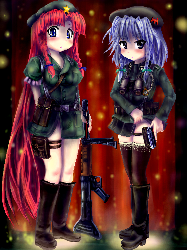 okiraku nikku, hong meiling, izayoi sakuya, touhou, walther, 2girls, battle rifle, bipod, blue eyes, blue hair, boots, braid, female focus, gun, handgun, long hair, military, multiple girls, pistol, red hair, rifle, short hair, soldier, thighhighs, twin braids, very long hair, weapon