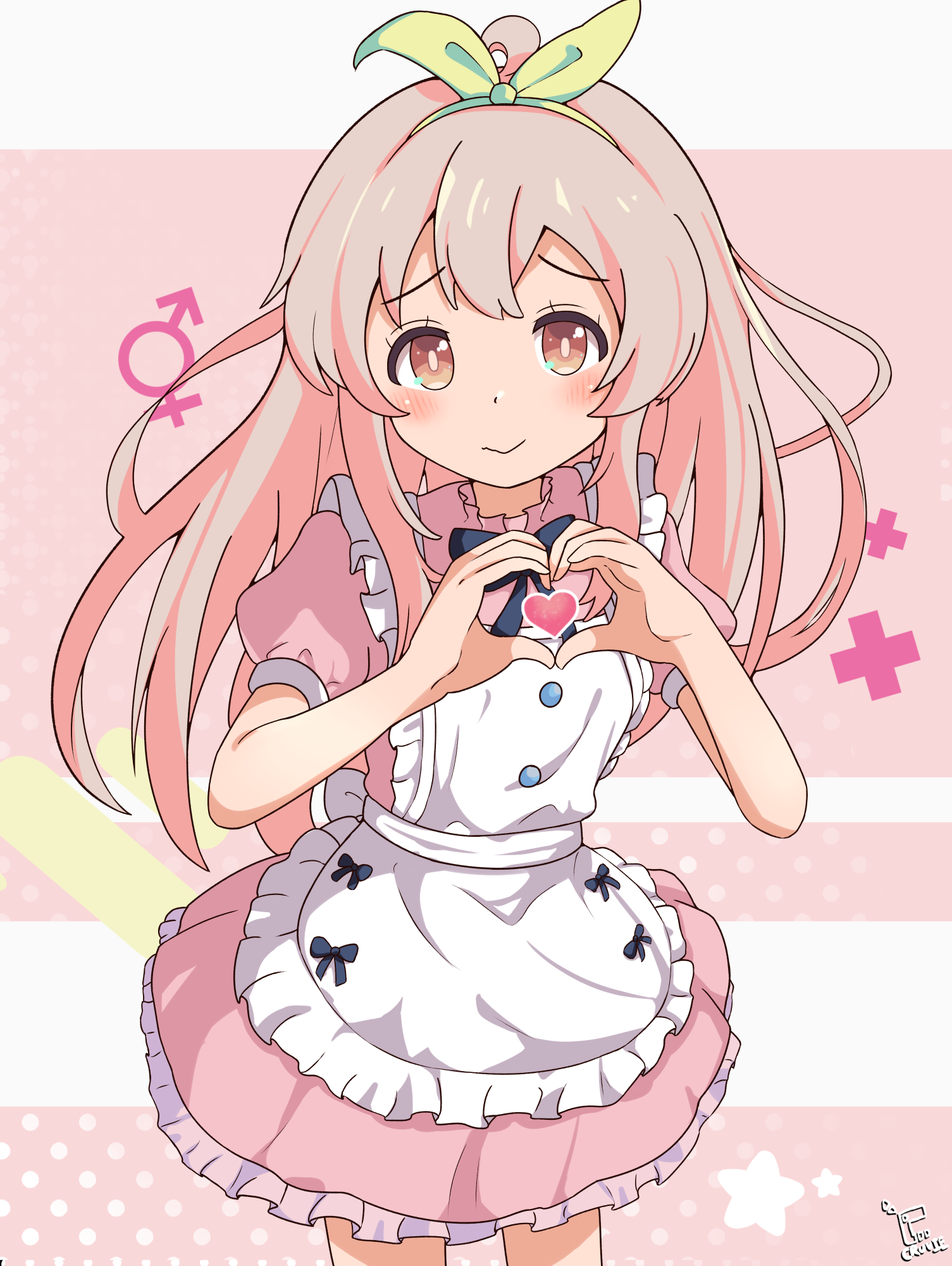 cruvie, alice (alice in wonderland), oyama mahiro, alice's adventures in wonderland, onii-chan wa oshimai!, commentary, highres, 1girl, ahoge, alice (alice in wonderland) (cosplay), apron, black bow, black bowtie, blush, bow, bow apron, bowtie, bright pupils, brown eyes, brown hair, closed mouth, cosplay, cowboy shot, dress, floating hair, frilled apron, frilled dress, frills, furrowed brow, green bow, green hairband, hair between eyes, hair bow, hairband, hands up, heart, heart hands, heart in heart hands, high heels, long hair, looking at viewer, mars symbol, pink background, pink dress, puffy short sleeves, puffy sleeves, short dress, short sleeves, signature, simple background, smile, solo, venus symbol, very long hair, white apron