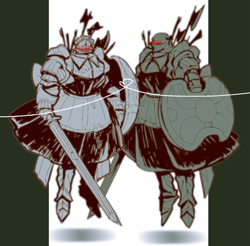 kanon (rsl), the pursuer, dark souls (series), dark souls ii, commentary, 1boy, 1girl, armor, armored boots, axe, boots, bow, breastplate, crown, dual persona, floating, full body, glowing, glowing eyes, halberd, heart, heart of string, holding, holding shield, holding sword, holding weapon, knight, looking at viewer, polearm, red eyes, shield, sword, weapon, weapon on back