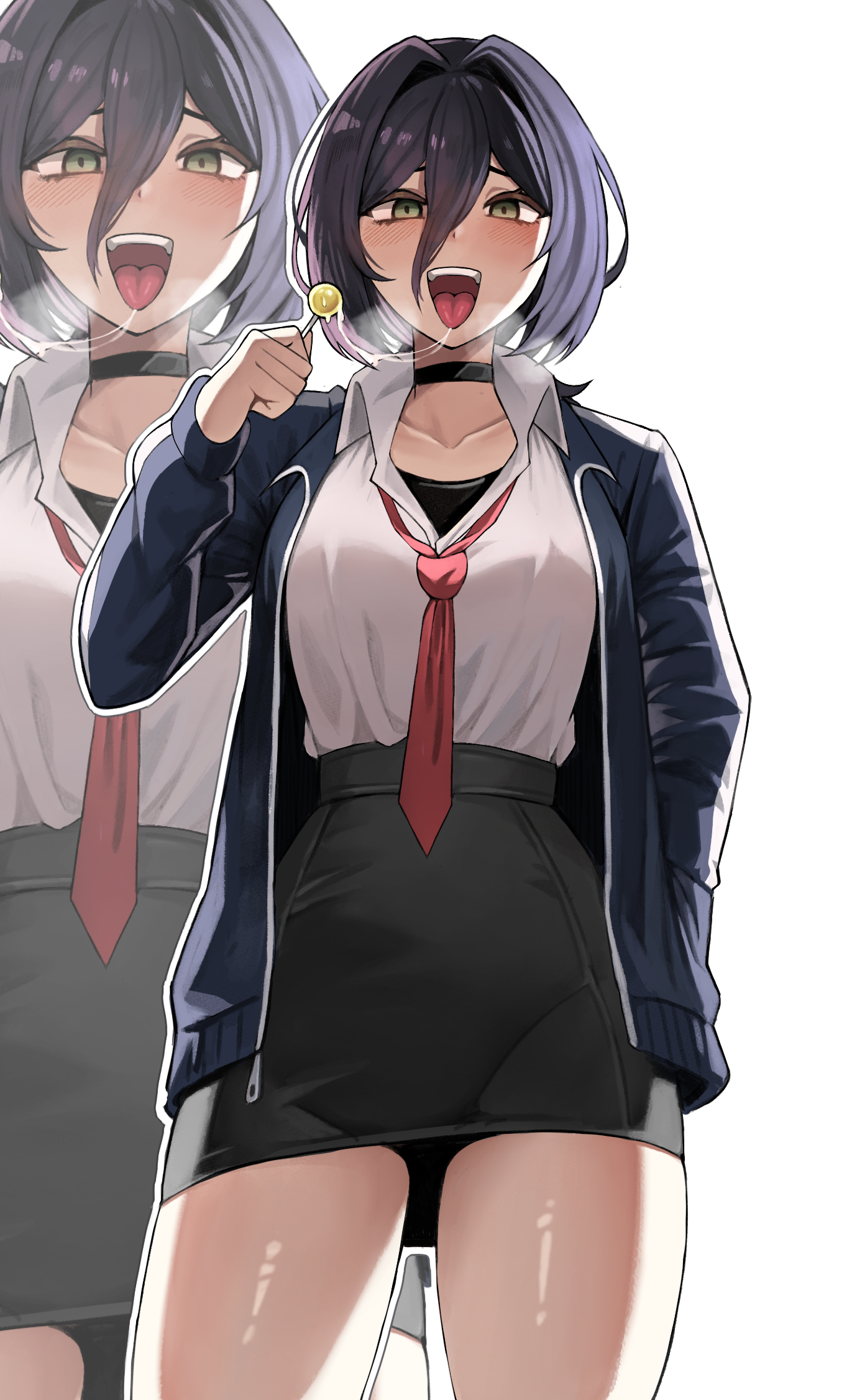sanfu (sanfu9800), reze (chainsaw man), chainsaw man, highres, 1girl, black choker, black hair, black jacket, black skirt, candy, choker, collared shirt, food, green eyes, hair between eyes, high-waist skirt, holding, holding candy, holding food, holding lollipop, jacket, lollipop, looking at viewer, miniskirt, necktie, open mouth, red necktie, saliva, saliva trail, sharp teeth, shirt, shirt tucked in, skirt, solo, teeth, tongue, tongue out, white background, white shirt, zoom layer