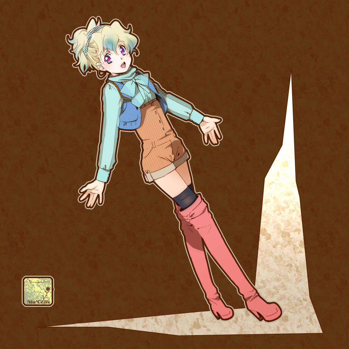 yukimitsuki, nia teppelin, tengen toppa gurren lagann, bad id, bad pixiv id, 00s, 1girl, ||/, black thighhighs, blouse, blue shirt, boots, bow, double ||/, fashion, female focus, high-waist shorts, high heel boots, high heels, multicolored hair, nia colle, overalls, pink boots, ponytail, shirt, short shorts, shorts, smile, solo, thigh boots, thighhighs, vest