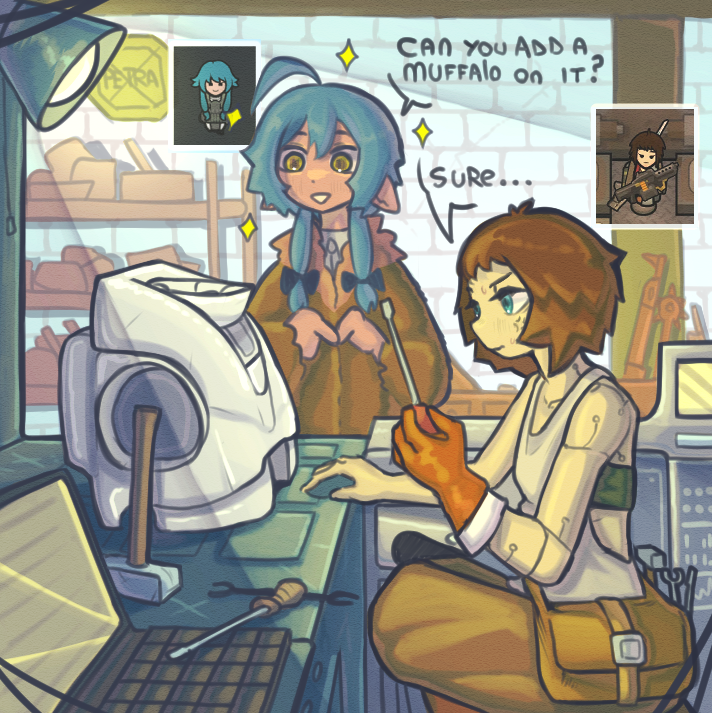 fonzawa, rimworld, 2girls, anger vein, annoyed, antenna hair, armor, bag, blue eyes, blue hair, breastplate, brick wall, brown hair, computer, english text, game screenshot inset, hair ribbon, hammer, holding, holding screwdriver, lamp, laptop, long hair, medium hair, multiple girls, parka, pointy ears, power armor, prosthesis, prosthetic arm, ribbon, satchel, screwdriver, shelf, smile, sparkle, sweat, tank top, tool belt, white tank top, workshop, yellow eyes