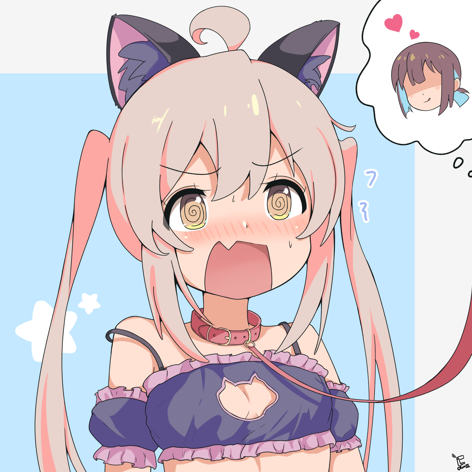 cruvie, hozuki momiji, oyama mahiro, onii-chan wa oshimai!, commentary, highres, 1girl, :q, @ @, ahoge, animal collar, animal ear fluff, animal ears, bare shoulders, black bra, blush, bra, breasts, brown eyes, brown hair, cat cutout, cat ears, cat lingerie, clothing cutout, collar, detached sleeves, embarrassed, fake animal ears, fang, frilled bra, frilled sleeves, frills, heart, leash, long hair, looking to the side, nose blush, open mouth, shaded face, short sleeves, sidelocks, signature, skin fang, small breasts, solo, speech bubble, spoken character, strap slip, sweatdrop, tareme, thought bubble, tongue, tongue out, twintails, underwear, v-shaped eyebrows