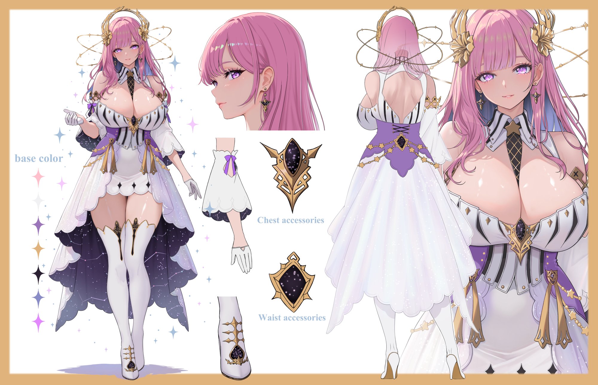 uzyou (momotk1109), original, highres, 1girl, blue hair, boots, breasts, cleavage, closed mouth, color guide, colored inner hair, dress, earrings, gloves, hair ornament, high heel boots, high heels, jewelry, large breasts, long hair, multicolored hair, multiple views, pink hair, purple eyes, reference sheet, shoulder blades, thigh boots, white boots, white dress, white gloves