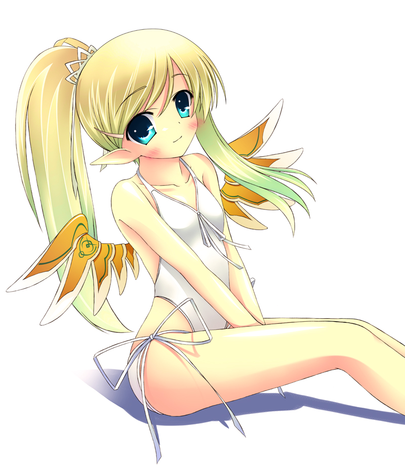 umitsubame, eiry, mabinogi, 1girl, angel, angel wings, aqua eyes, blonde hair, casual one-piece swimsuit, female focus, one-piece swimsuit, pointy ears, ponytail, solo, swimsuit, wings