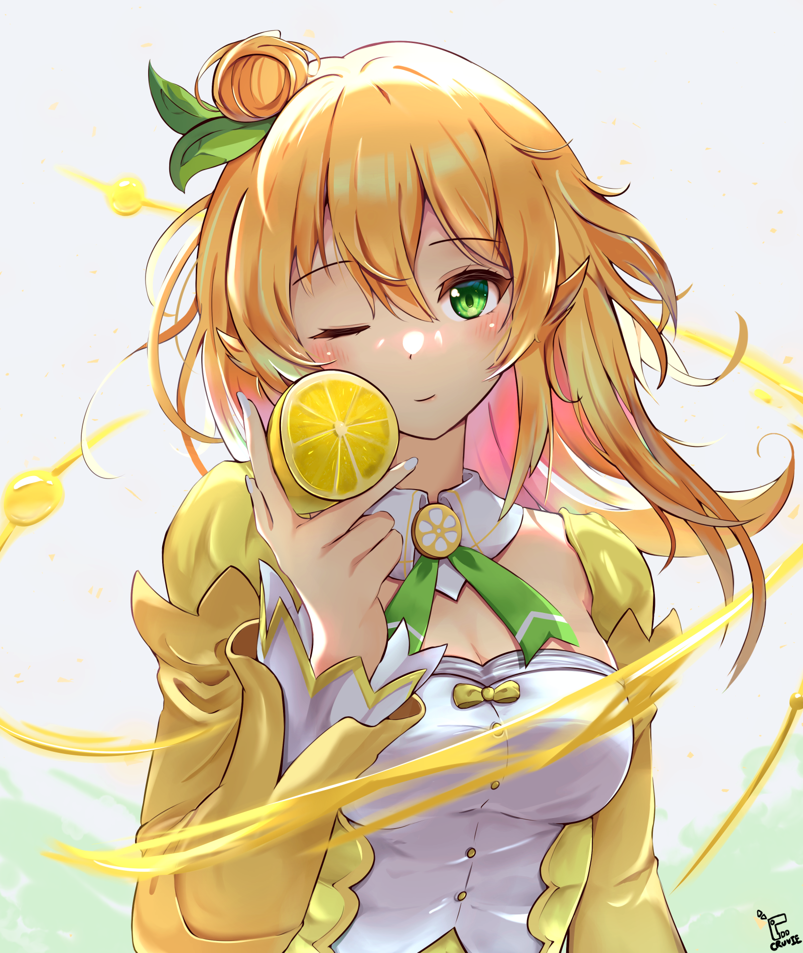 cruvie, hinatsuki mikan, machikado mazoku, commentary, highres, 1girl, ;), aura, backlighting, blush, breasts, cleavage, closed mouth, detached collar, dress, eyelashes, floating hair, food, fruit, green eyes, green ribbon, hair between eyes, hair bun, hair ornament, hand up, holding, holding food, holding fruit, large breasts, leaf hair ornament, lemon, lemon slice, long hair, long sleeves, looking at viewer, magical girl, neck ribbon, one eye closed, orange hair, ribbon, signature, simple background, single side bun, smile, solo, two-tone dress, upper body, v, white background, white dress, wide sleeves, yellow dress