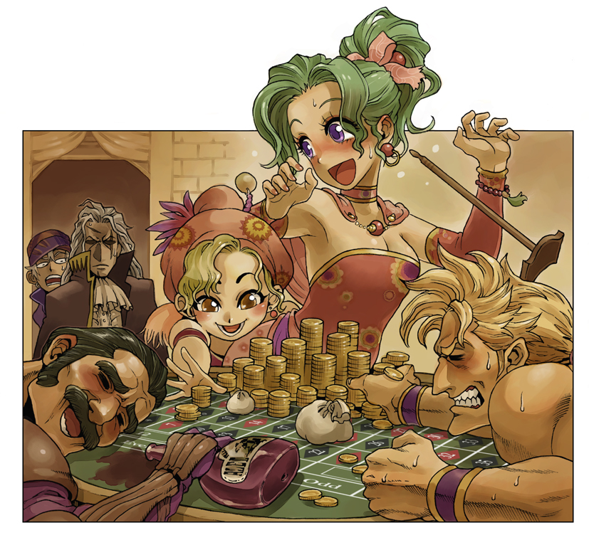 mimonel, cyan garamonde, locke cole, relm arrowny, sabin rene figaro, setzer gabbiani, tina branford, final fantasy, final fantasy vi, square enix, 1990s (style), 2girls, ascot, bandana, black hair, blonde hair, blush, bottle, bow, bracelet, brown eyes, cape, casino, choker, closed eyes, coat, coin, detached sleeves, drunk, earrings, facial hair, gambling, gold, green hair, grey hair, indoors, jewelry, long hair, money, multiple girls, mustache, open mouth, pantyhose, pink bow, ponytail, purple eyes, retro artstyle, roulette table, scar, scar across eye, scar on face, short hair, smile, sweat, table, teeth, wristband