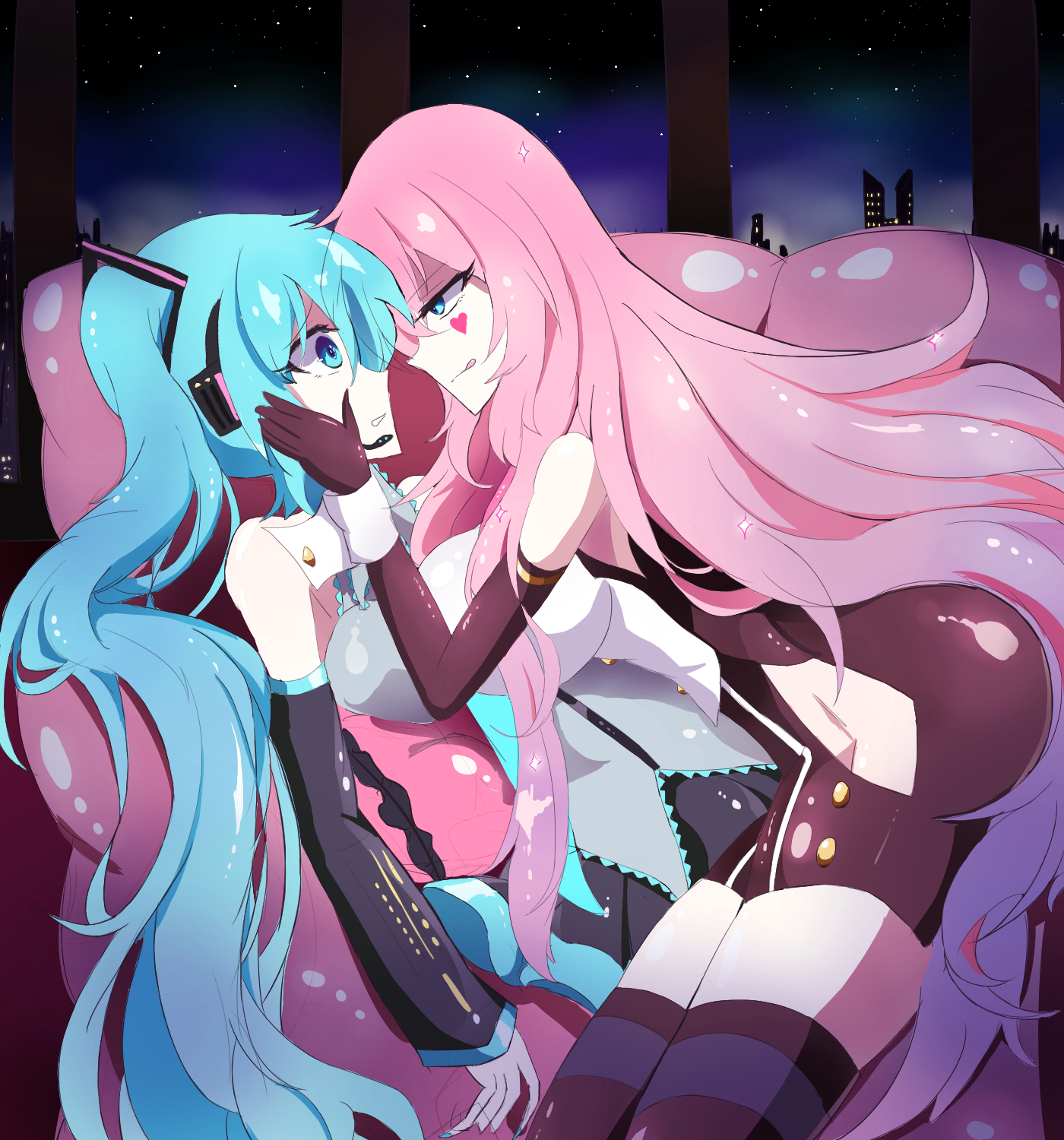 hatsune miku, megurine luka, vocaloid, highres, 2girls, aqua eyes, aqua hair, aqua nails, aqua necktie, black sleeves, blue eyes, blue hair, city lights, detached sleeves, girl on top, hands on another's cheeks, hands on another's face, headphones, headset, heart, heart tattoo, kamonoh71376877, long hair, multiple girls, necktie, pink hair, shirt, skyline, sleeveless, sleeveless shirt, tattoo, tongue, tongue out, twintails, very long hair, yuri