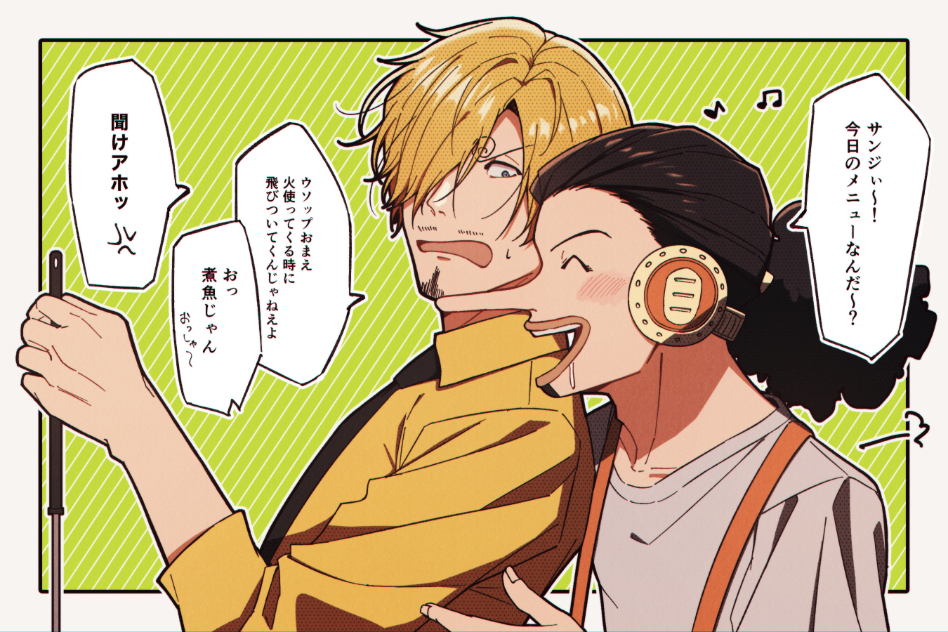 sanji (one piece), usopp, one piece, commentary request, translation request, 2boys, behind-the-head headphones, black hair, blonde hair, border, collared shirt, curly eyebrows, drooling, facial hair, from side, goatee, grey eyes, hair over one eye, headphones, holding, holding ladle, ladle, lips, long nose, looking at another, looking back, male focus, multiple boys, musical note, mustache, necktie, open mouth, outline, outside border, ponytail, profile, pzl0rt (medaka 106), saliva, shirt, short hair, smile, suspenders, sweat, white outline