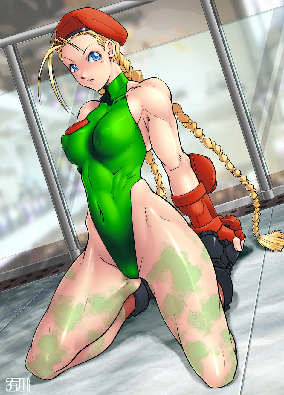 qkat (arikawa-dou), cammy white, capcom, street fighter, highres, 1girl, antenna hair, bare shoulders, beret, blonde hair, blue eyes, bodypaint, boots, braid, breasts, cameltoe, collarbone, covered erect nipples, dutch angle, female focus, fingerless gloves, floor, gloves, green leotard, hat, highleg, highleg leotard, kneeling, leotard, long hair, medium breasts, muscular, navel, nipples, puffy nipples, sitting, solo, thong leotard, twin braids, window