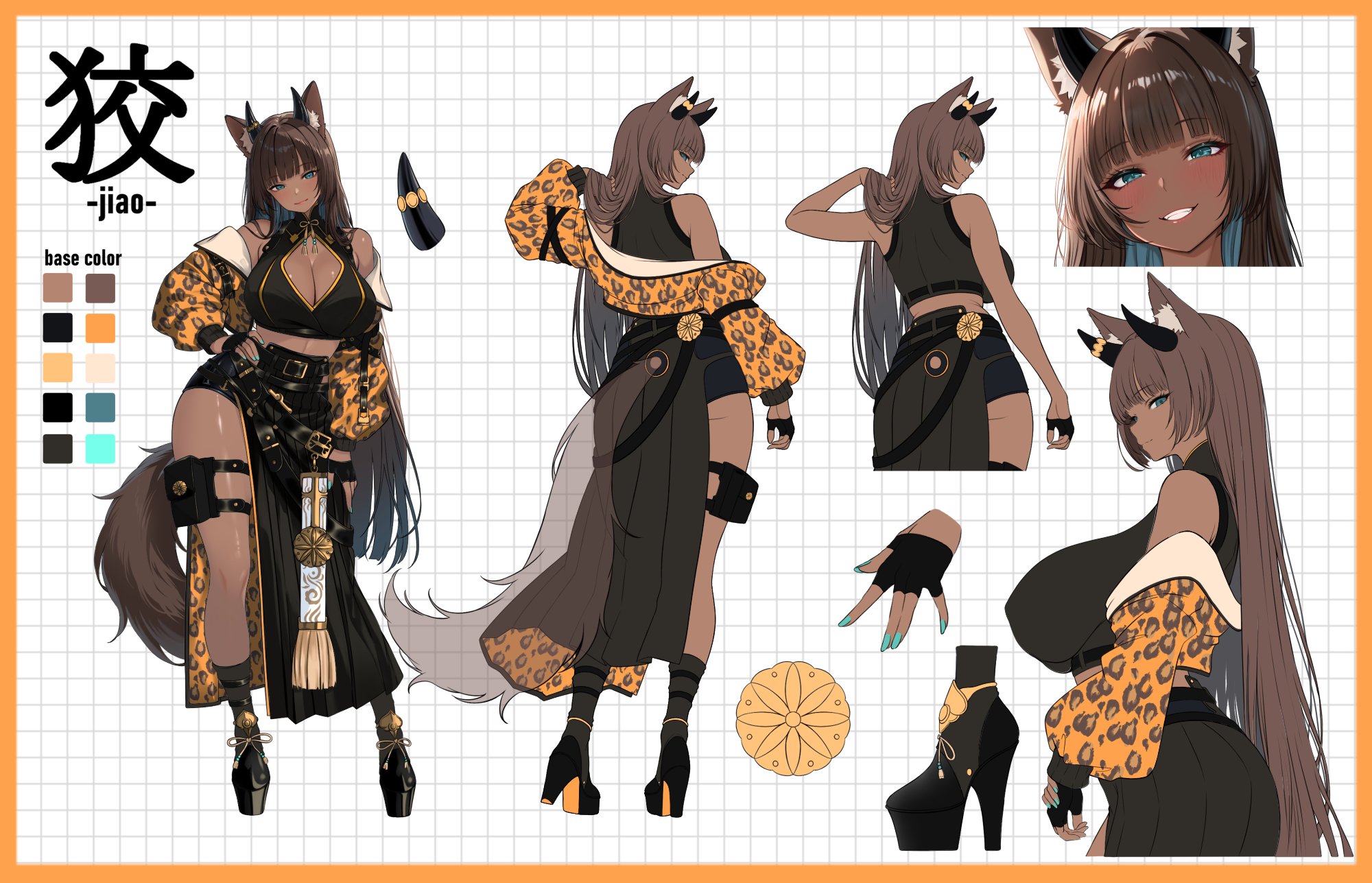 uzyou (momotk1109), original, highres, 1girl, animal ear fluff, animal ears, animal print, black gloves, black horns, black skirt, blue eyes, blue nails, breasts, cleavage, cleavage cutout, closed mouth, clothing cutout, color guide, dark-skinned female, dark skin, fingerless gloves, gloves, hand on own hip, high heels, horns, jacket, large breasts, leopard print, long hair, multiple views, pouch, skirt, sleeveless, smile, tail, thigh pouch, two-sided fabric, two-sided skirt, yellow jacket, yellow skirt