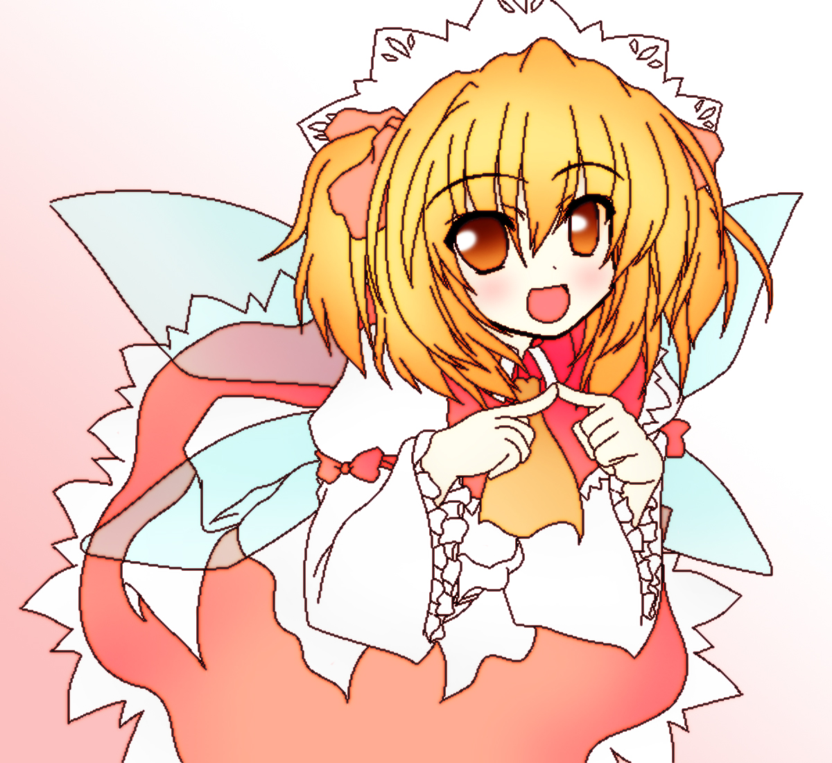 miiya, sunny milk, eastern and little nature deity, touhou, touhou sangetsusei, fingers together, 1girl, alternate eye color, ascot, blonde hair, fairy, fairy wings, female focus, frilled skirt, frilled sleeves, frills, gradient background, index fingers together, orange eyes, red ribbon, red skirt, ribbon, shirt, skirt, solo, twintails, two side up, white shirt, wings, yellow ascot