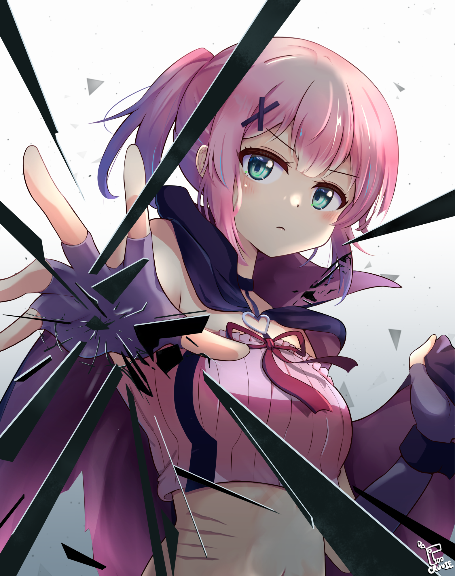 cruvie, chiyoda momo, machikado mazoku, commentary request, highres, >:(, 1girl, bare shoulders, black cape, black choker, blunt bangs, blush, cape, cape hold, casting spell, choker, closed mouth, crop top, eyelashes, fingerless gloves, frown, gloves, green eyes, grey gloves, hair ornament, hands up, incoming attack, looking at viewer, magical girl, medium hair, official alternate costume, outstretched hand, pink hair, pink shirt, ponytail, purple cape, scar, scar on stomach, serious, shirt, sidelocks, signature, simple background, solo, two-sided cape, two-sided fabric, upper body, v-shaped eyebrows, white background, x hair ornament
