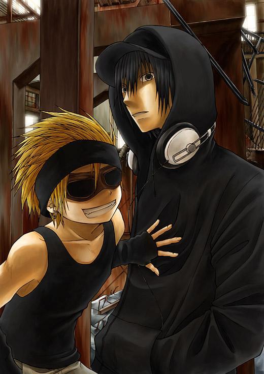original, artist request, 2boys, black hair, blonde hair, delinquent, gangster, goggles, grin, hat, headband, headphones, headphones around neck, hood, hoodie, male focus, multiple boys, muscle shirt, short hair, smile, smirk, spiked hair, sweatband, sweater, teeth