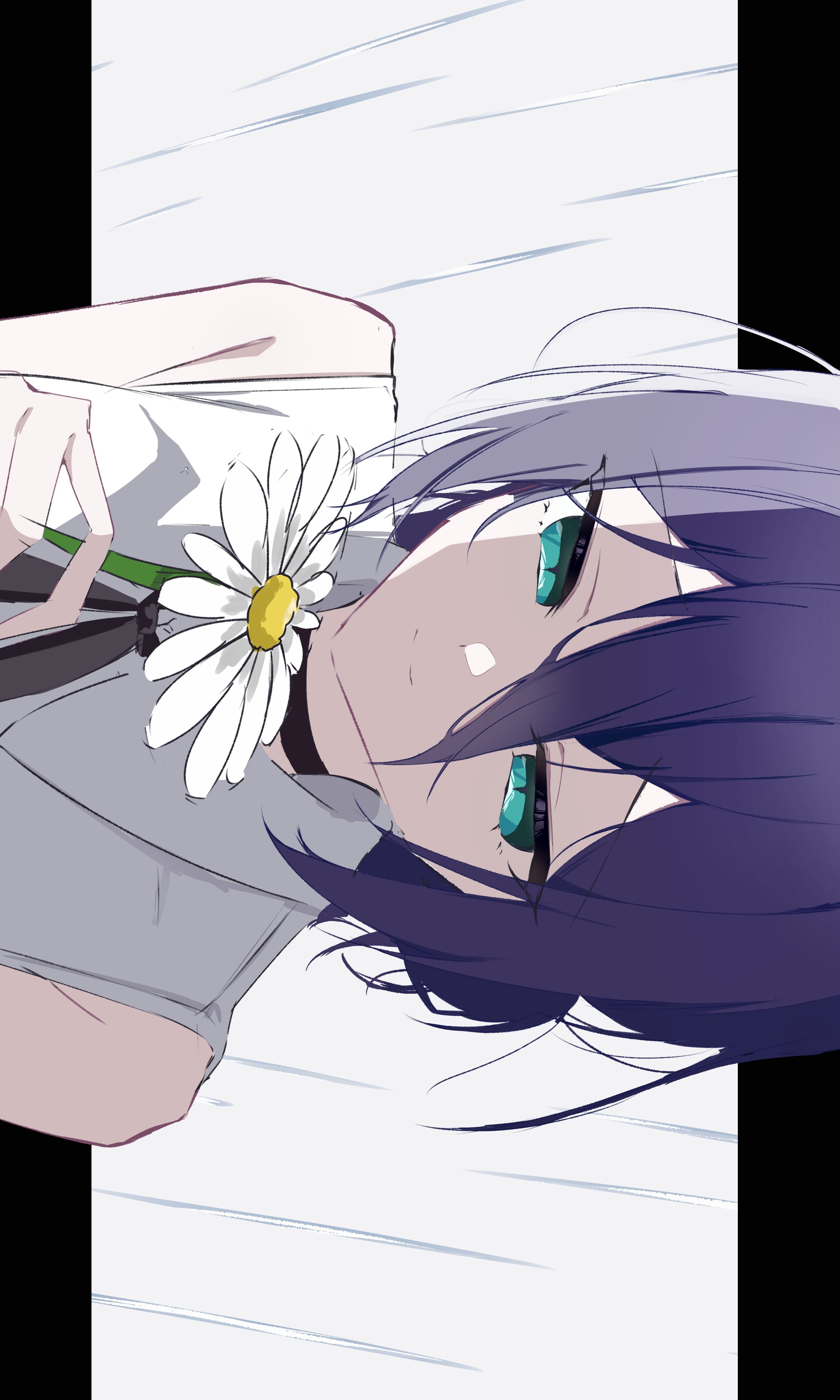 reze (chainsaw man), chainsaw man, absurdres, highres, 1girl, aqua eyes, black ribbon, closed mouth, flower, hair between eyes, holding, holding flower, ikka0725, light smile, neck ribbon, purple hair, ribbon, shirt, sideways, sleeveless, sleeveless shirt, solo, white flower, white shirt