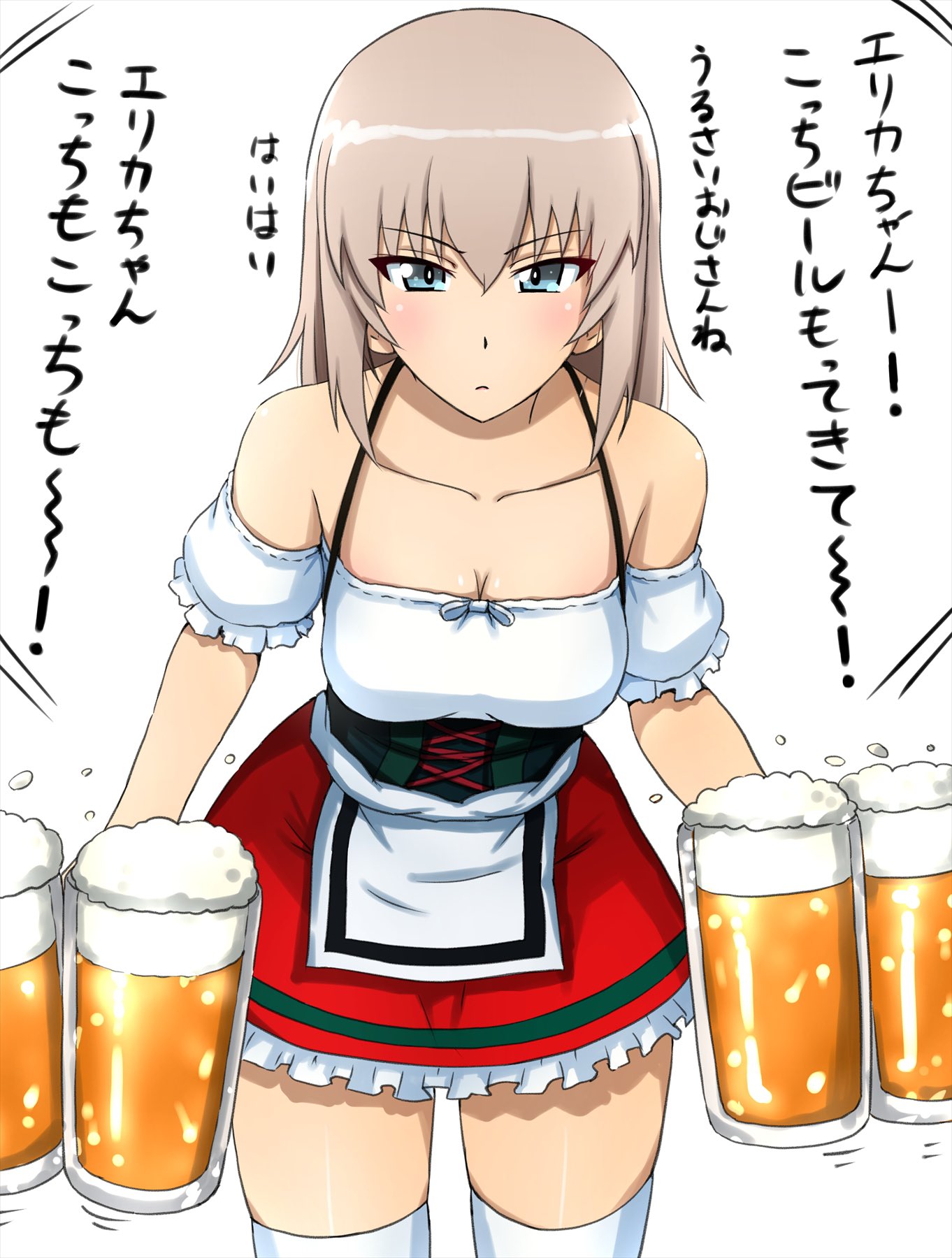 omachi (slabco), itsumi erika, girls und panzer, highres, translation request, 1girl, alcohol, alternate costume, beer, blue eyes, blush, breasts, collarbone, cup, dirndl, feet out of frame, german clothes, grey hair, holding, holding cup, large breasts, long hair, looking at viewer, simple background, solo, standing, white background