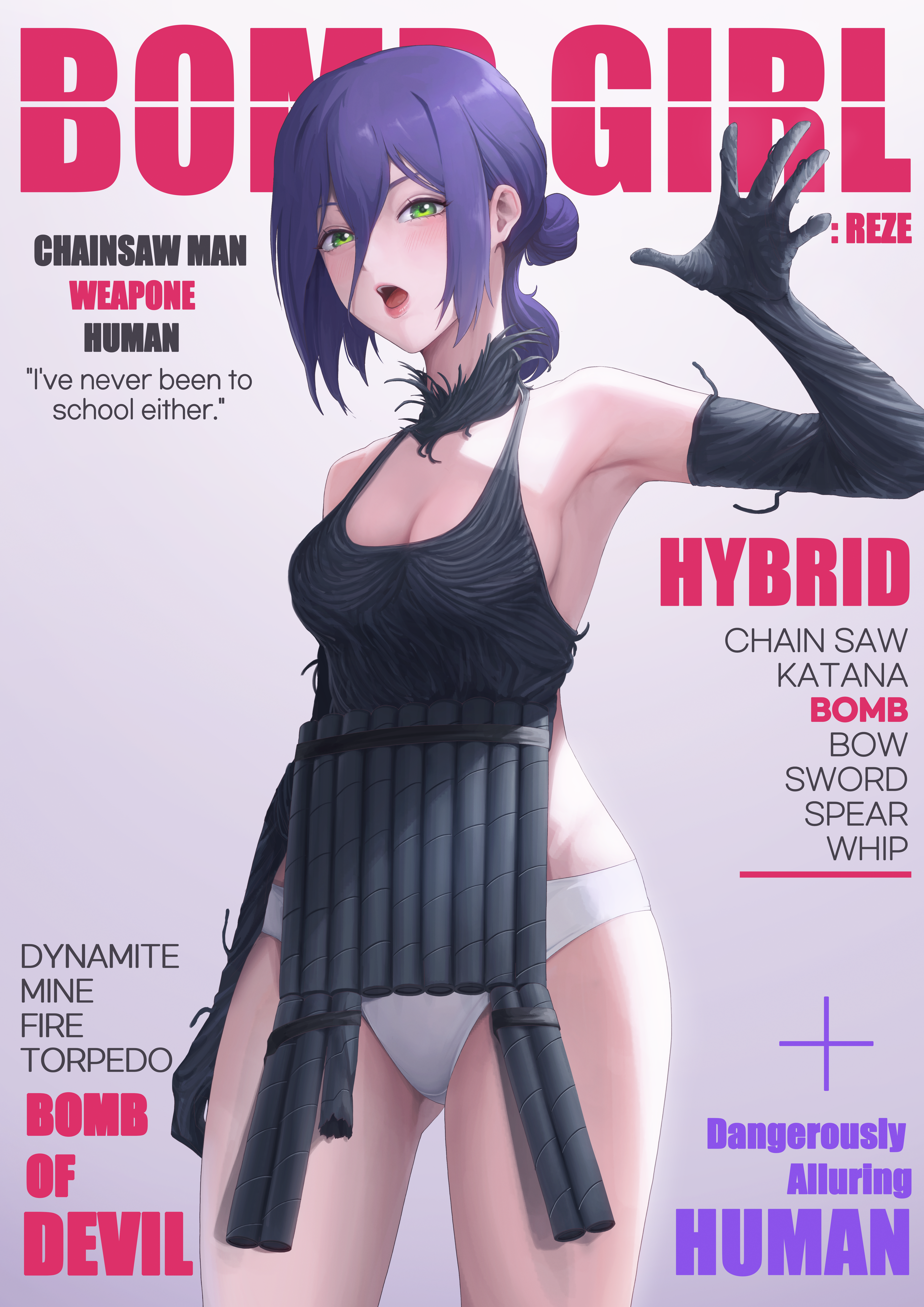 naeaemgung, reze (chainsaw man), chainsaw man, absurdres, highres, 1girl, apron, armpits, black apron, breasts, character name, cleavage, copyright name, cover, dynamite, english text, explosive, fake magazine cover, green eyes, hair between eyes, hair bun, hand up, looking at viewer, magazine cover, medium breasts, open mouth, panties, purple hair, solo, underwear, white panties