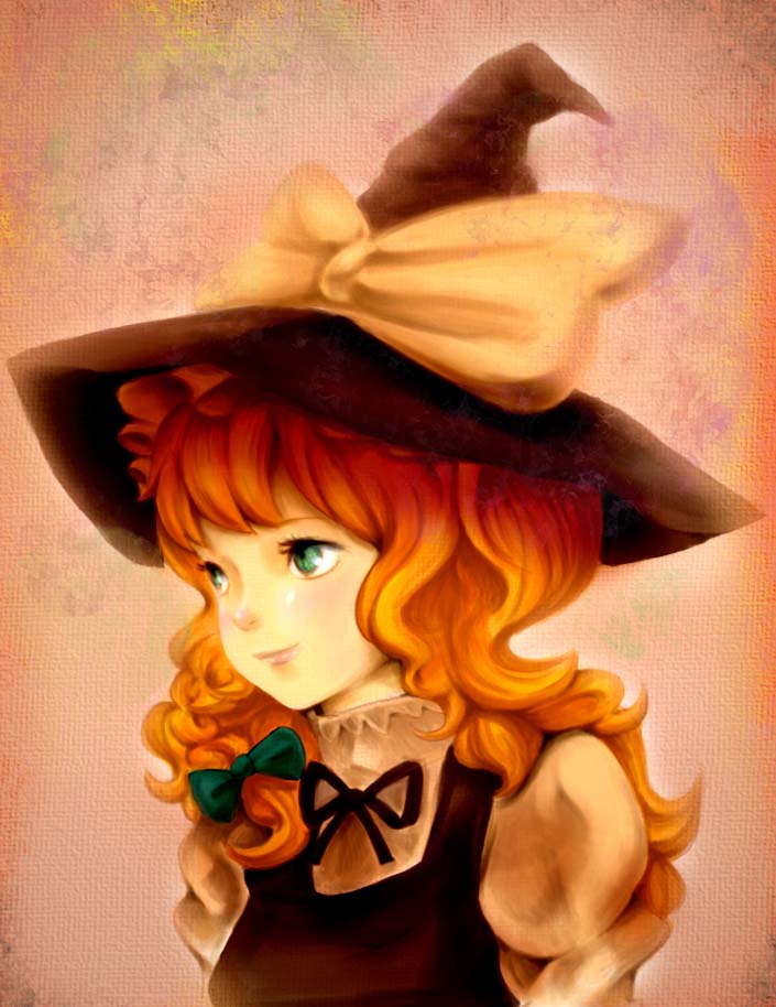 chic, kirisame marisa, touhou, looking away, bad id, bad pixiv id, 1girl, black hat, black ribbon, black vest, blonde hair, bow, braid, closed mouth, eyelashes, female focus, green bow, green eyes, hair bow, hat, hat bow, long hair, neck ribbon, ribbon, shirt, smile, solo, vest, white bow, white shirt, witch, witch hat