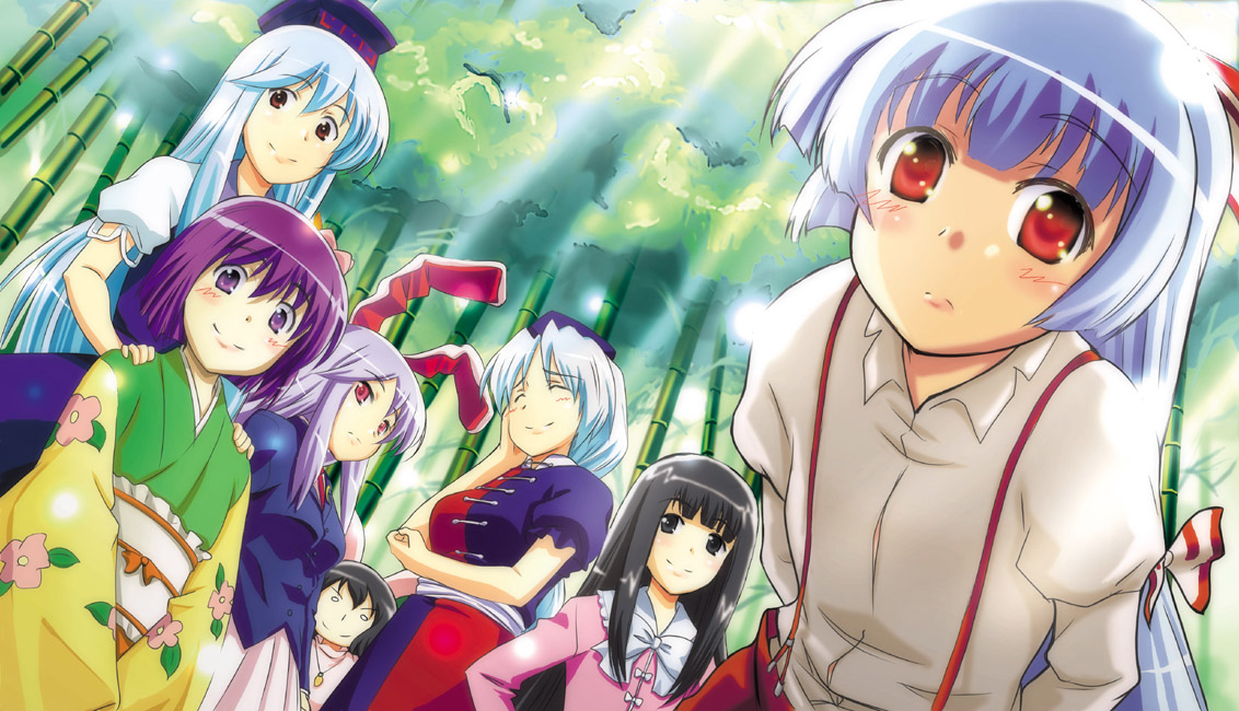 mukai, fujiwara no mokou, hieda no akyuu, houraisan kaguya, inaba tewi, kamishirasawa keine, reisen udongein inaba, yagokoro eirin, imperishable night, perfect memento in strict sense, touhou, 6+girls, bamboo, bamboo forest, everyone, female focus, forest, multiple girls, nature