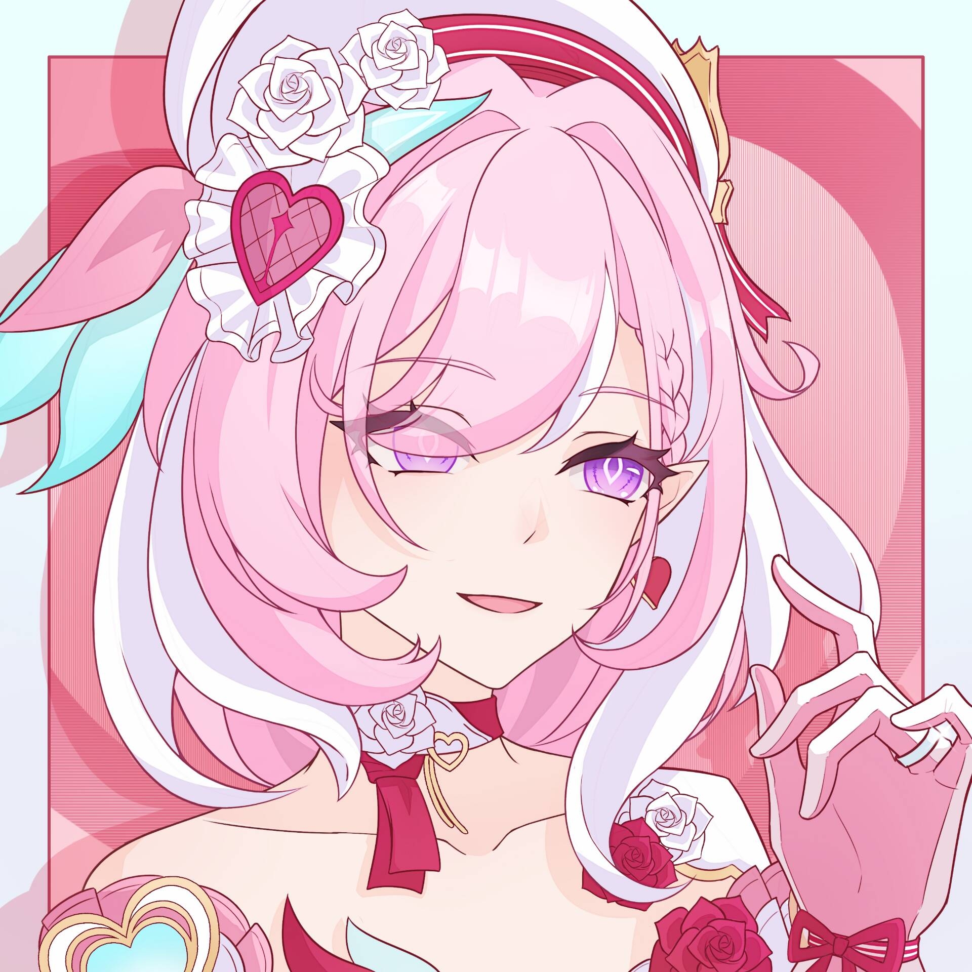 elysia (hi love elf) (honkai impact), elysia (honkai impact), honkai (series), honkai impact 3rd, chinese commentary, commentary request, highres, 1girl, bare shoulders, beret, border, collarbone, diamond-shaped pupils, diamond (shape), earrings, elf, gloves, hat, heart, heart earrings, jewelry, multicolored hair, pink background, pink gloves, pink hair, pointy ears, purple eyes, short hair, solo, symbol-shaped pupils, two-tone hair, upper body, white border, white hair, xihuan ai li