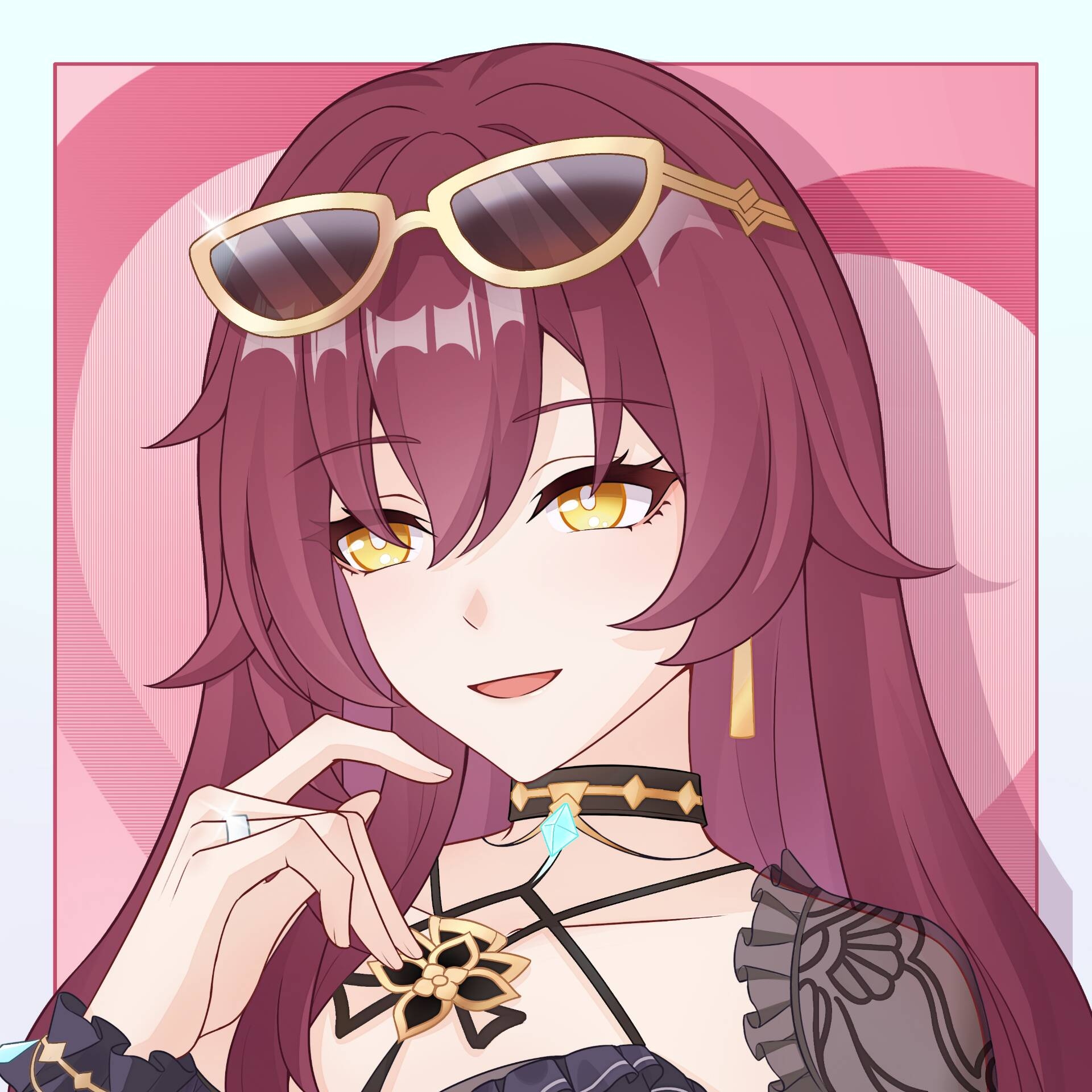 eden (flowing rhyme) (honkai impact), eden (honkai impact), elysia (honkai impact), honkai (series), honkai impact 3rd, chinese commentary, commentary request, highres, 1girl, bikini, black bikini, border, brown hair, detached sleeves, earrings, eyewear on head, jewelry, long hair, parted lips, pink background, smile, solo, sunglasses, swimsuit, upper body, very long hair, white border, xihuan ai li, yellow eyes