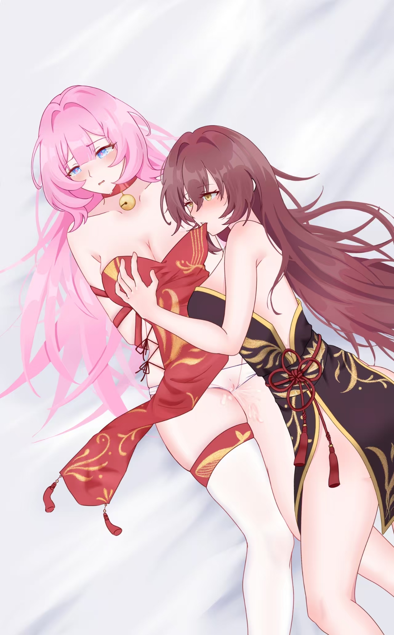 eden (honkai impact), elysia (honkai impact), honkai (series), honkai impact 3rd, highres, 2girls, alternate costume, arms behind back, bell, biting, biting clothes, black dress, blue eyes, breasts, brown hair, china dress, chinese clothes, cleavage, couple, dress, grabbing another's breast, groping, large breasts, lying, multiple girls, neck bell, on back, panties, pink hair, pussy juice, red dress, skindentation, thigh strap, thighs, underwear, white panties, xihuan ai li, yellow eyes, yuri