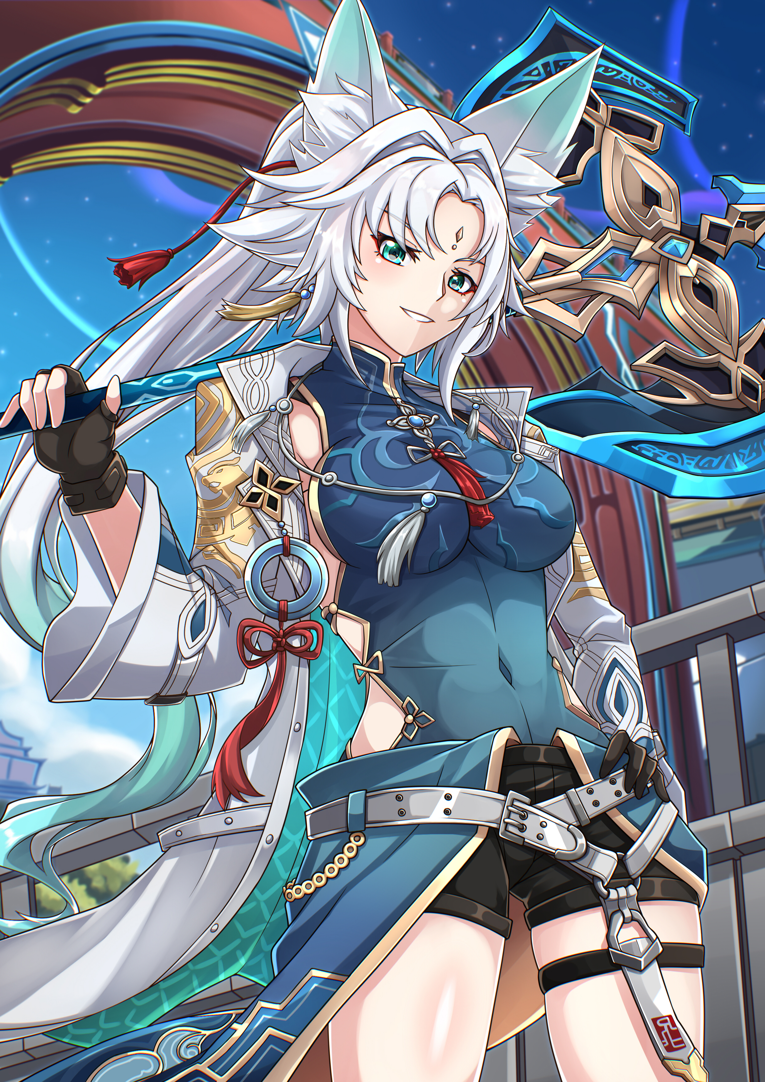 nugi (armenci), feixiao (honkai: star rail), honkai: star rail, honkai (series), absurdres, highres, 1girl, animal ear fluff, animal ear piercing, animal ears, backless shirt, belt, black gloves, blue eyes, breasts, eyeliner, forehead jewel, fox ears, fox girl, gloves, green eyes, grey hair, high ponytail, holding, jewelry, large breasts, long hair, looking at viewer, makeup, parted bangs, ponytail, red eyeliner, shirt, smile, solo, very long hair, white belt, white hair