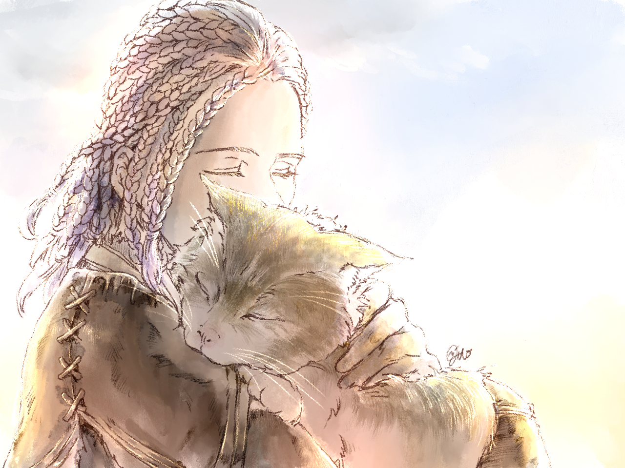 jito-okami, bearer of the curse, sweet shalquoir, dark souls (series), dark souls ii, commentary request, 1girl, animal, braid, brown shirt, cat, closed eyes, grey cat, holding, holding animal, holding cat, multiple braids, petting, purple hair, shirt, short hair, solo, upper body, yellow background