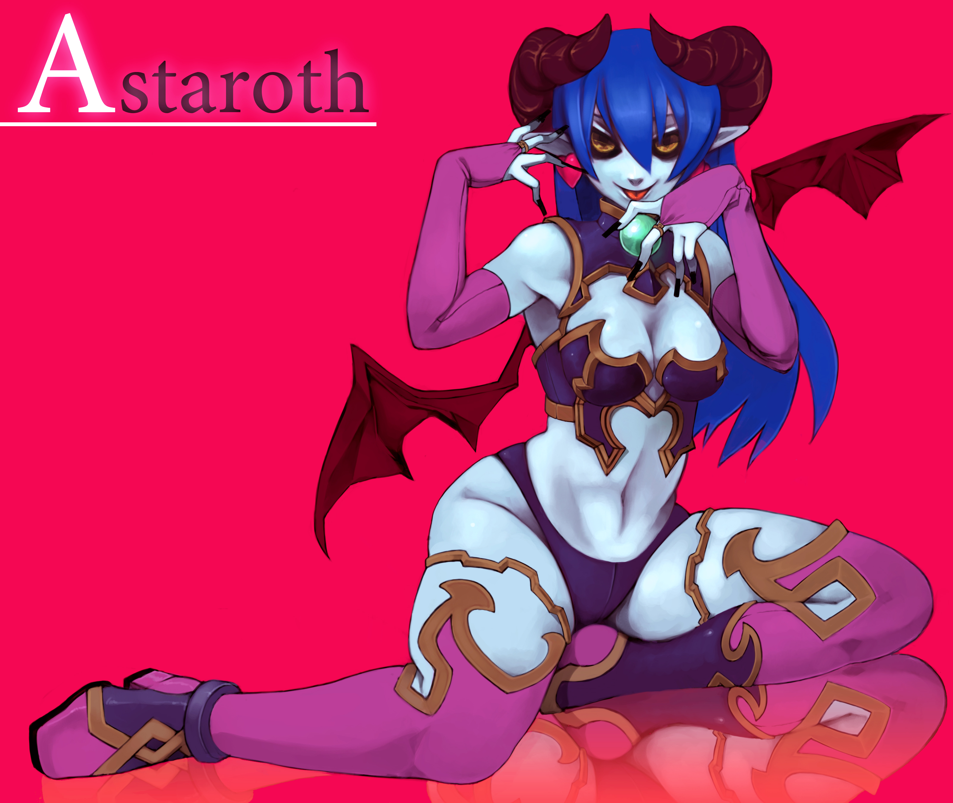 kotetu, tsurusaki yuu, astaroth (shinrabanshou), shinrabanshou, absurdres, highres, 1girl, black sclera, blue hair, blue skin, boots, colored sclera, colored skin, demon girl, earrings, female focus, heart, heart earrings, horns, jewelry, long hair, pointy ears, purple boots, solo, thighhighs, wings, yellow eyes