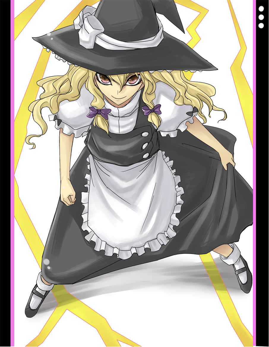 minarai, kirisame marisa, touhou, bad id, bad pixiv id, 1girl, black dress, blonde hair, blush, bobby socks, brown eyes, dress, female focus, full body, hat, long hair, looking at viewer, mary janes, puffy short sleeves, puffy sleeves, shoes, short sleeves, simple background, socks, solo, standing, white background, witch hat