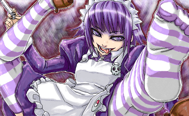 minarai, yakui, futaba channel, nijiura maids, 1girl, feet, female focus, foot focus, jaggy lines, maid, pill, purple eyes, purple hair, short hair, skull, soles, solo, striped clothes, striped thighhighs, syringe, thighhighs, tongue