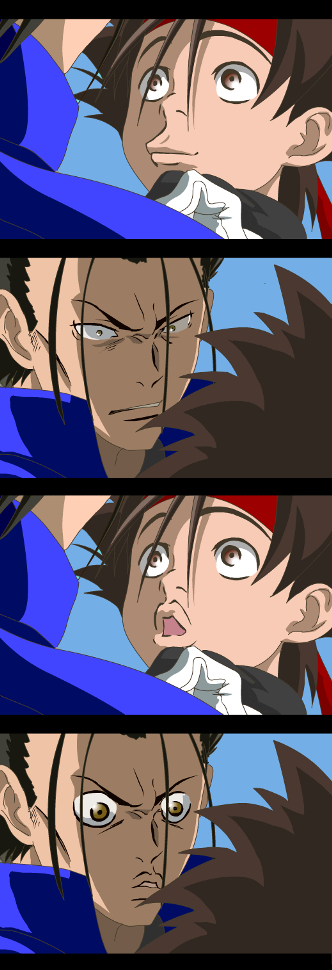 kamamaro, sagara sanosuke, saitou hajime, saitou hajime (rurouni kenshin), rurouni kenshin, bad id, bad pixiv id, 2boys, 4koma, comic, meme, multiple boys, neta, nijiura 7 (meme), silent comic