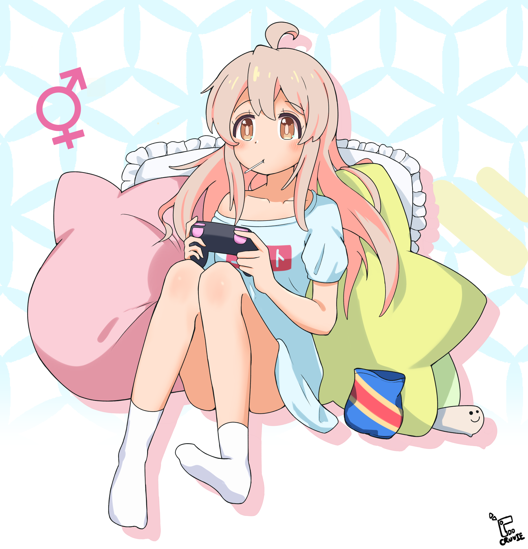 cruvie, oyama mahiro, onii-chan wa oshimai!, commentary, highres, 1girl, ahoge, blue shirt, blush, brown eyes, brown hair, brown pupils, collarbone, controller, convenient leg, double-parted bangs, drop shadow, eyelashes, frilled pillow, frills, full body, game controller, hair between eyes, holding, holding controller, holding game controller, knees together feet apart, knees up, lollipop in mouth, long hair, looking ahead, mars symbol, pillow, shirt, short sleeves, sidelocks, simple background, single bare shoulder, sitting, socks, solo, star-shaped pillow, t-shirt, tareme, venus symbol, white background, white socks