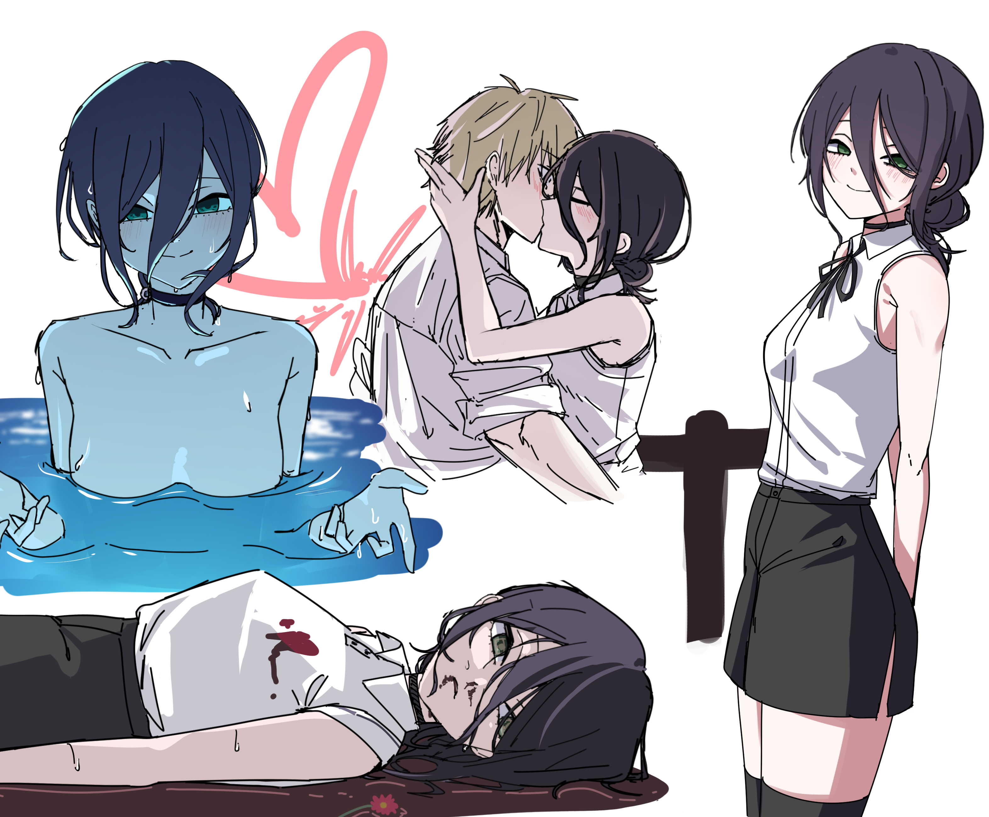sobayaki18, denji (chainsaw man), reze (chainsaw man), chainsaw man, absurdres, highres, 1boy, 1girl, black hair, black ribbon, black shorts, black thighhighs, blood, blood on clothes, breasts, closed eyes, closed mouth, collared shirt, death, flower, green eyes, grey hair, hair between eyes, hair bun, hetero, kiss, medium breasts, multiple views, neck ribbon, partially submerged, pool, pool of blood, red flower, ribbon, shirt, shirt tucked in, short hair, shorts, sleeveless, sleeveless shirt, thighhighs, water, wet, white background, white shirt