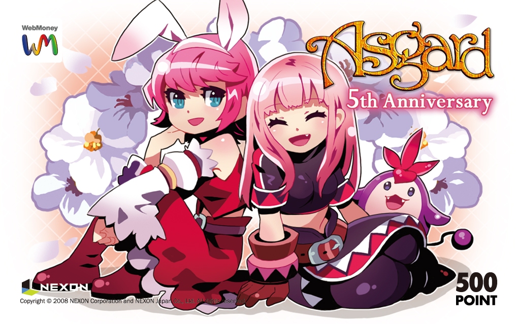 asgard, nexon, artist request, official art, second-party source, 2008, animal ear hairband, animal ears, anniversary, aqua eyes, baggy pants, bare shoulders, black pants, black sarong, black shirt, black skirt, black sleeves, blunt bangs, blush, boots, breasts, card (medium), company name, copyright name, copyright notice, creature, crop top, cropped shirt, dated, detached sleeves, dot nose, eyelashes, fake animal ears, fang, fangs, floral background, flower, gradient background, gradient boots, gradient clothes, gradient hair, gradient pants, gradient shirt, gradient skirt, hairband, knee boots, legs together, logo, long hair, long sleeves, looking at another, medium breasts, medium hair, medium skirt, midriff, multicolored hair, open mouth, pants, pink hair, purple tail, rabbit ear hairband, rabbit ears, red boots, red vest, sarong, shirt, short sleeves, shoulder blush, sidelocks, sitting, skirt, straight hair, tongue, turtleneck, vest, warrior (asgard), white background, white flower, white hairband, white sleeves, wide sleeves