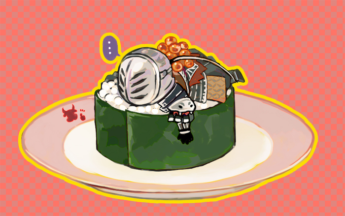 kanon (rsl), dark souls (series), dark souls ii, commentary, …, 1boy, checkered background, chibi, chibi only, fish (food), food, full body, gunkanmaki, helm, helmet, ikura (food), knight, lying, male focus, mini person, miniboy, on stomach, plate, red background, sir alonne, solo, spoken ellipsis, sushi