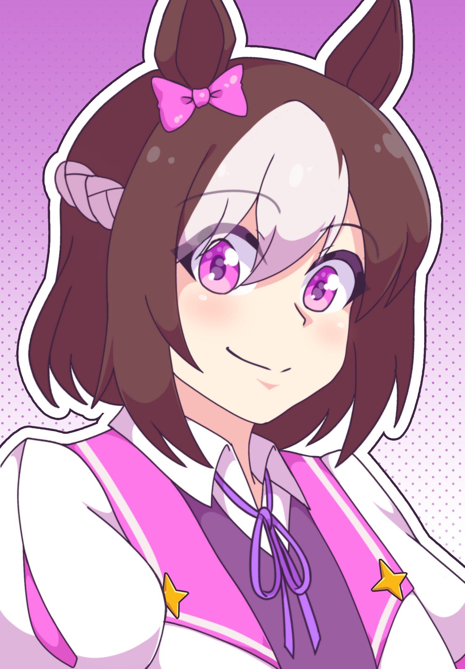neferkitty, special week (special dreamer) (umamusume), special week (umamusume), umamusume, highres, 1girl, animal ears, blush, bow, braid, brown hair, ear bow, ear ribbon, horse ears, horse girl, multicolored hair, purple bow, purple eyes, purple shirt, sailor collar, sailor shirt, shirt, short hair, short sleeves, smile, two-tone hair, white hair