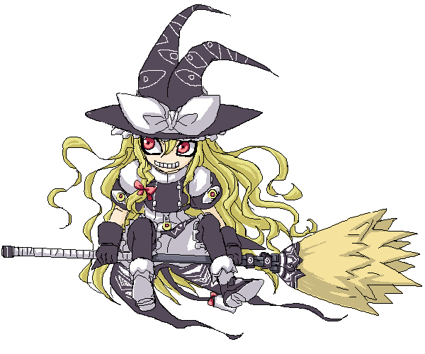 minarai, kirisame marisa, touhou, bad id, bad pixiv id, 1girl, adapted costume, apron, black pantyhose, blonde hair, broom, broom riding, female focus, full body, hat, jaggy lines, long hair, pantyhose, red eyes, simple background, solo, very long hair, waist apron, wavy hair, white background, witch hat