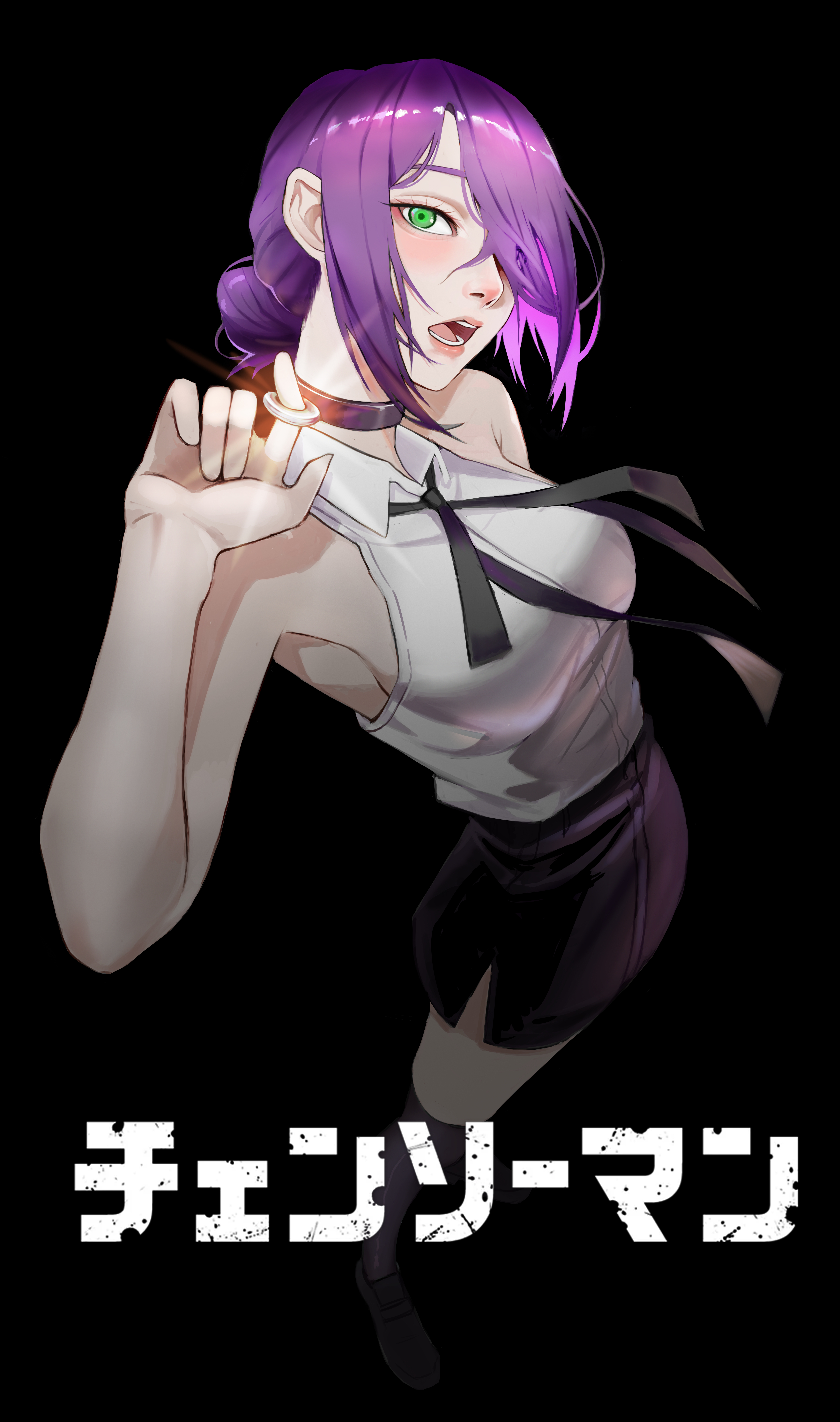 reze (chainsaw man), chainsaw man, absurdres, highres, 1girl, black background, black choker, black ribbon, black shorts, catpre, choker, collared shirt, green eyes, grenade pin, hair bun, hair over one eye, looking at viewer, neck ribbon, purple hair, ribbon, shirt, shirt tucked in, shorts, simple background, sleeveless, sleeveless shirt, solo, white shirt