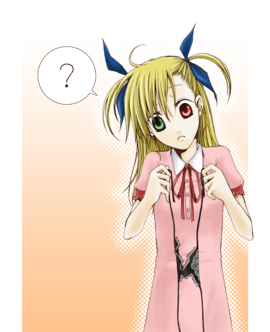 sawatari jun, vivio, lyrical nanoha, mahou shoujo lyrical nanoha, mahou shoujo lyrical nanoha strikers, bad id, bad pixiv id, 00s, ?, ahoge, dress, hair ribbon, heterochromia, panties, ribbon, side-tie panties, solo, twintails, two side up, underwear