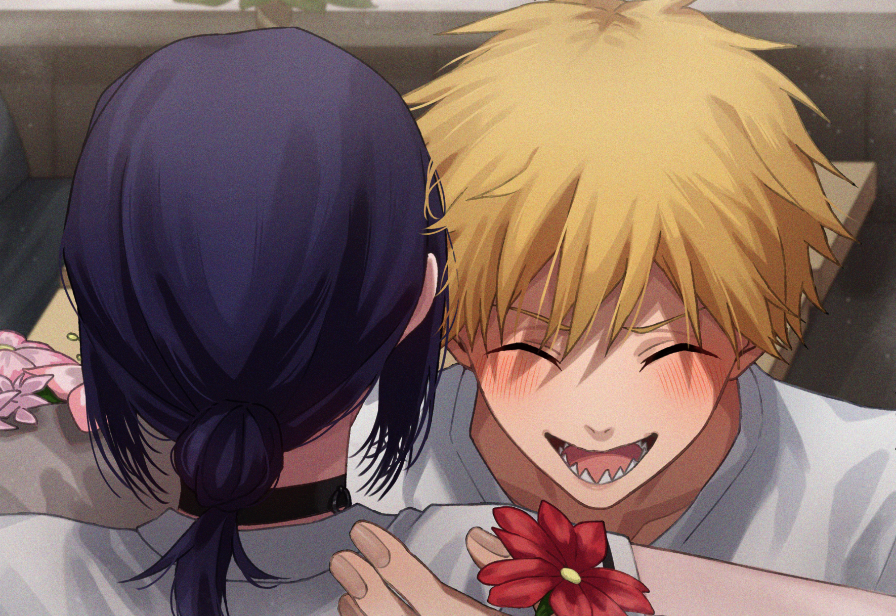 sirata maru000, denji (chainsaw man), reze (chainsaw man), chainsaw man, commentary request, highres, 1boy, 1girl, black choker, blonde hair, blue hair, choker, flower, grenade pin, hair bun, hug, indoors, open mouth, pink flower, red flower, sharp teeth, shirt, short hair, teeth, white shirt