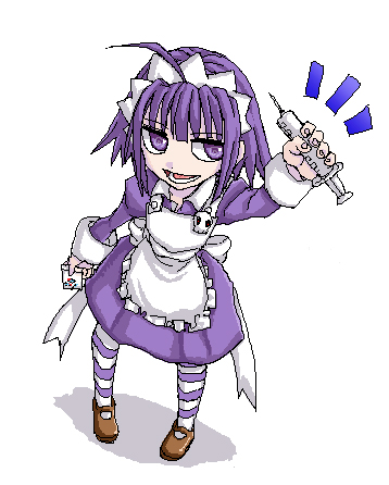minarai, yakui, futaba channel, nijiura maids, lowres, 1girl, :d, ahoge, apron, brown shoes, dress, female focus, frills, full body, holding, jaggy lines, long sleeves, looking at viewer, maid, maid apron, maid headdress, mary janes, open mouth, pantyhose, purple dress, purple eyes, purple hair, purple pantyhose, shoes, short hair, simple background, skull, smile, solo, standing, striped clothes, striped pantyhose, syringe, white background, white pantyhose