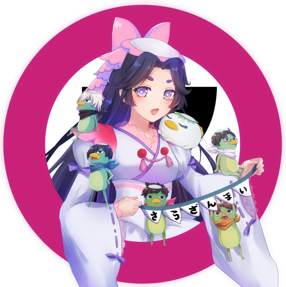 tanaji, akutsu mabu, azuma sara, jinnai enta, keppi, kuji toi, niiboshi reo, yasaka kazuki, sarazanmai, translation request, 1girl, bow, brown hair, hat, japanese clothes, kappa, kimono, long hair, open mouth, pink bow, purple eyes, purple hair, rectangular eyewear, sitting on shoulder, transparent background, very long hair, white hat, white kimono