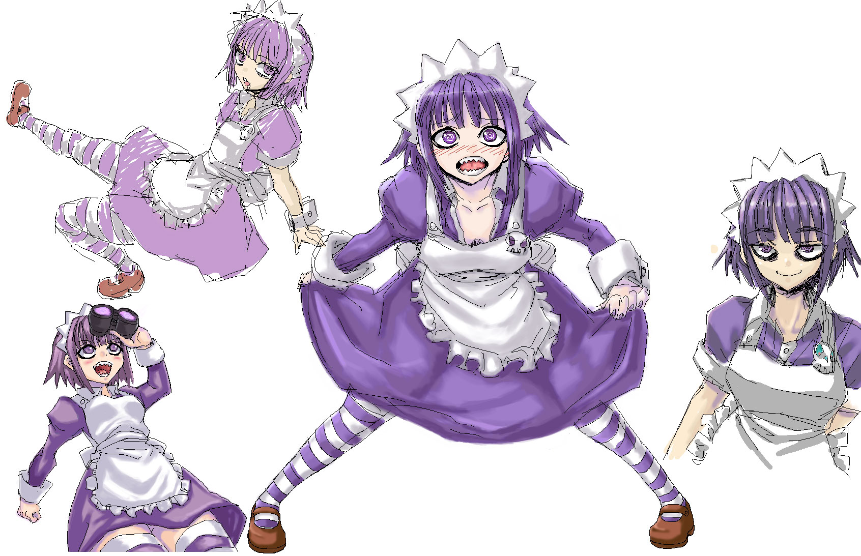 minarai, yakui, futaba channel, nijiura maids, highres, 1girl, binoculars, dress, frills, jaggy lines, juliet sleeves, long sleeves, looking at viewer, maid, maid headdress, multiple views, pantyhose, puffy long sleeves, puffy sleeves, purple dress, purple eyes, purple hair, sharp teeth, short hair, simple background, skirt hold, skull, spread legs, striped clothes, striped pantyhose, striped thighhighs, teeth, thighhighs, white background