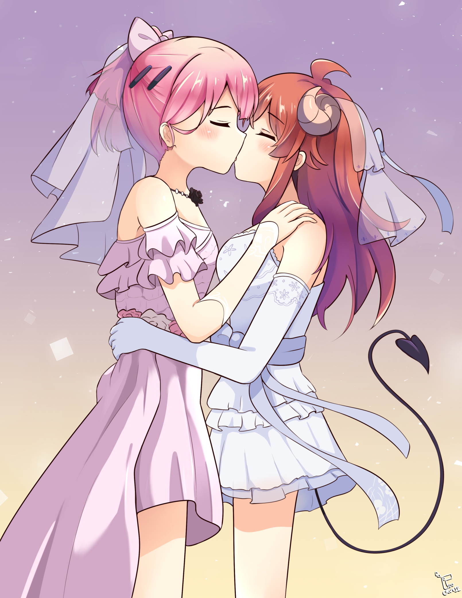 cruvie, chiyoda momo, yoshida yuuko, machikado mazoku, commentary, highres, 2girls, ahoge, alternate costume, bare shoulders, blush, bridal veil, brown hair, closed eyes, couple, cowboy shot, curled horns, demon girl, demon horns, demon tail, dress, dress flower, elbow gloves, flower, frilled dress, frills, from side, gloves, gradient background, hair ornament, hairclip, hand on another's shoulder, horns, hug, jewelry, kiss, long hair, medium dress, medium hair, multiple girls, necklace, off-shoulder dress, off shoulder, parallel hairclips, pink dress, pink flower, pink hair, pink rose, ponytail, profile, rose, short dress, sidelocks, signature, simple background, tail, tail raised, veil, wedding, wedding dress, white dress, white flower, white gloves, white rose, wife and wife, yellow background, yuri