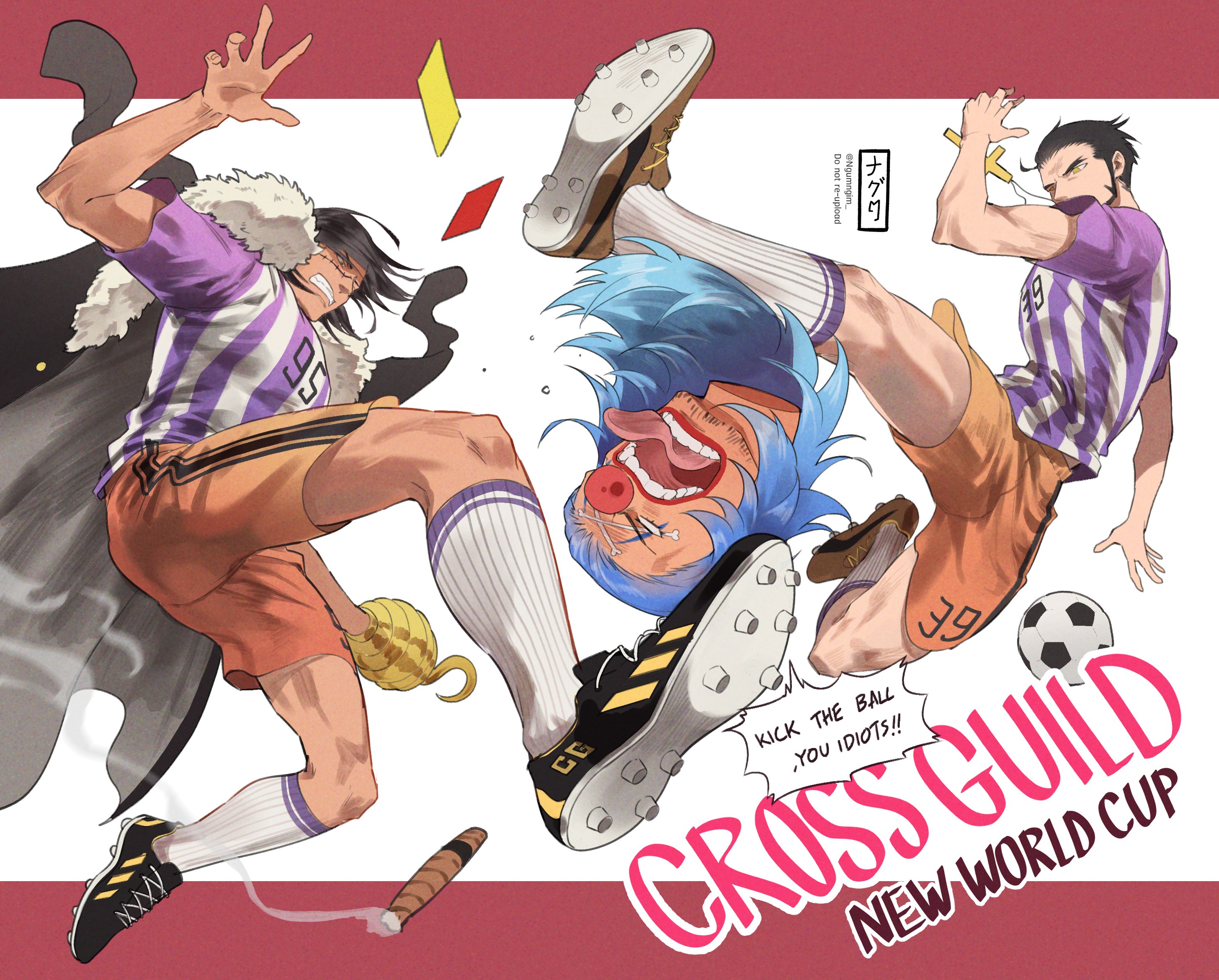 ngumngim, buggy the clown, crocodile (one piece), dracule mihawk, one piece, commentary, english commentary, highres, 3boys, angry, ball, black hair, cigar, cleats, clown nose, cross, cross necklace, disembodied head, english text, hook hand, jewelry, kicking, male focus, multiple boys, necklace, orange shorts, shirt, short sleeves, shorts, soccer ball, soccer uniform, socks, speech bubble, sportswear, striped clothes, striped shirt, tongue, tongue out, white socks