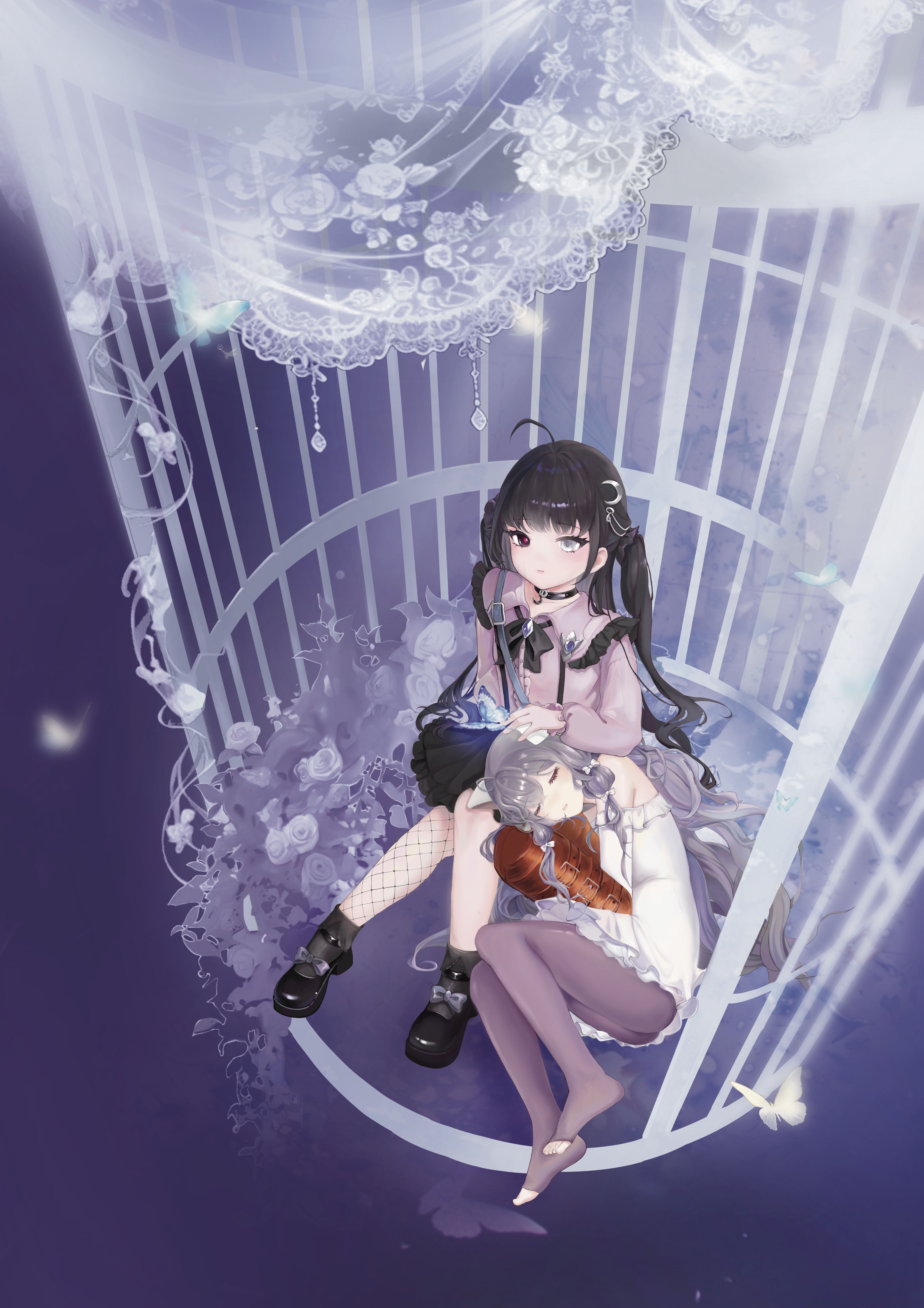 user shfm3448, rou (brown dust), rou (white cat) (brown dust), sonya (brown dust 2), brown dust (series), brown dust 2, absurdres, highres, 2girls, ahoge, asymmetrical legwear, birdcage, black collar, black eyes, black shoes, bound, bound wrists, bug, butterfly, cage, closed mouth, collar, crescent, crescent hair ornament, dress, eyebrows hidden by hair, fishnet thighhighs, fishnets, flat chest, from above, full body, gloves, hair ornament, headpat, heterochromia, insect, jirai kei, long hair, looking at viewer, multiple girls, off-shoulder dress, off shoulder, pantyhose, pink shirt, purple pantyhose, shirt, shoes, sitting, sleeping, sleeping on person, strapless, strapless dress, thighhighs, toeless legwear, twintails, white dress, white eyes