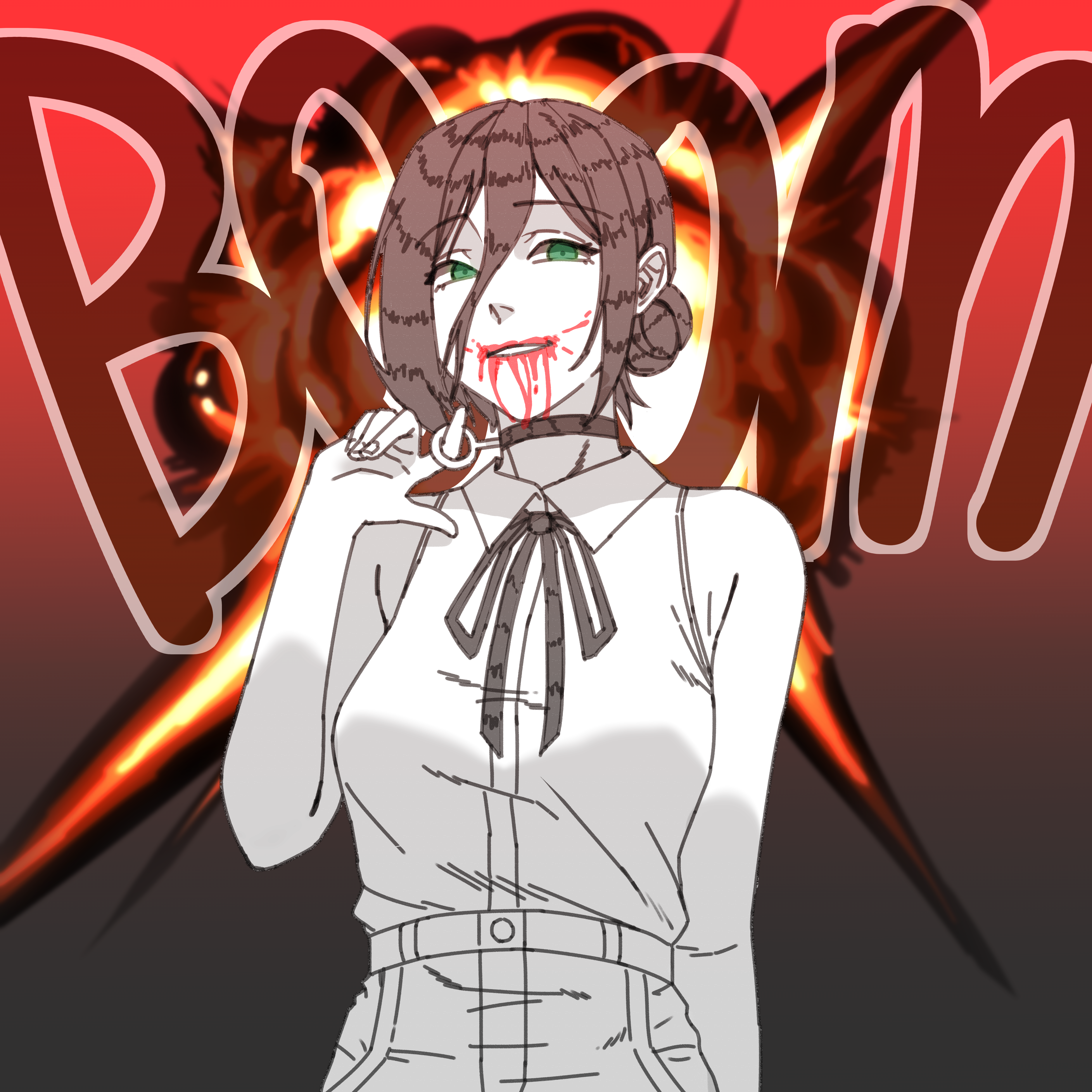 park ppaeng i, reze (chainsaw man), chainsaw man, absurdres, highres, 1girl, blood, blood from mouth, breasts, choker, collared shirt, explosion, explosion background, green eyes, grenade pin, hair between eyes, hair bun, large breasts, neck ribbon, partially colored, ribbon, shirt, shirt tucked in, sleeveless, sleeveless shirt, solo