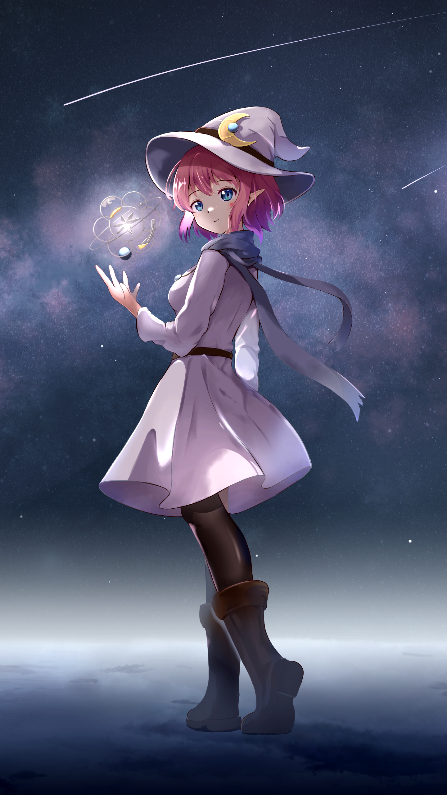 cruvie, original, absurdres, commentary, highres, 1girl, black pantyhose, black scarf, blue eyes, boots, breasts, brown boots, crescent, crescent hat ornament, dress, eyelashes, from behind, full body, hair between eyes, hand up, hat, hat ornament, jewelry, long sleeves, looking at viewer, looking back, medium breasts, medium dress, medium hair, night, night sky, outdoors, pantyhose, pendant, pink hair, pointy ears, scarf, shooting star, sidelocks, sky, solo, standing, star (sky), star (symbol), starry sky, underlighting, white dress, witch, witch hat